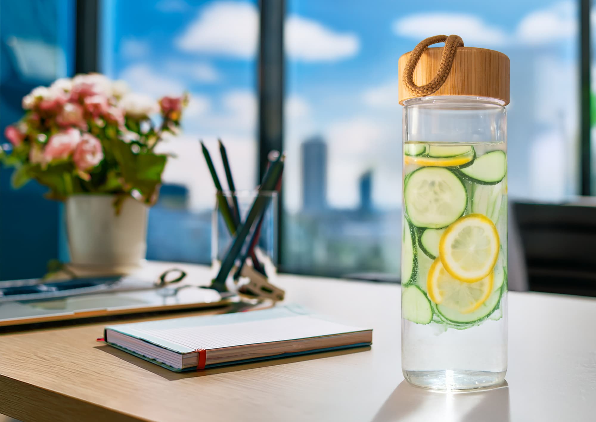 Eine edding Glasflasche 650 ml gefüllt mit Gurke und Zitrone steht auf einem Schreibtisch. Daneben stehen ein Notizbuch und edding Look-Stifte in einem Halter neben einer Topfpflanze mit rosa Blüten. Im Hintergrund ist ein Fenster zu sehen, das die Stadtlandschaft vor einem strahlend blauen Himmel zeigt.