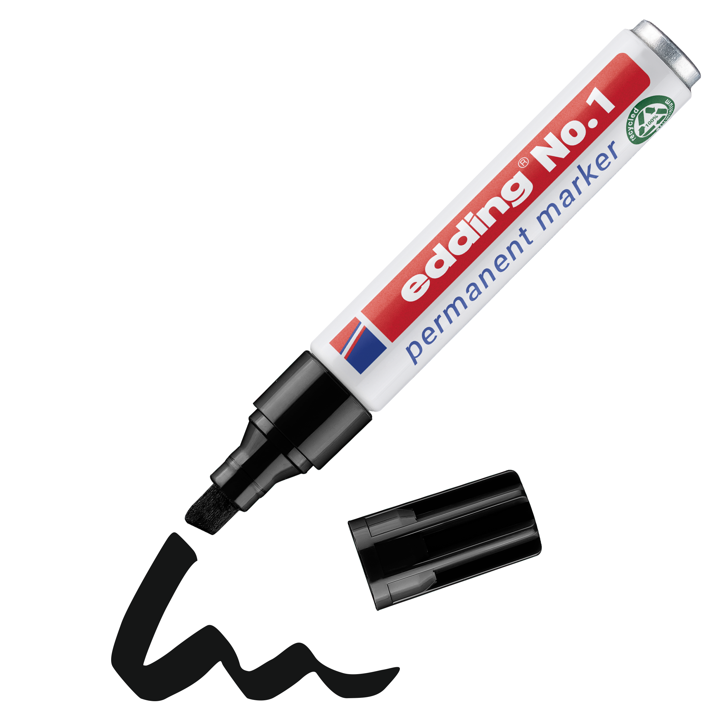 Ein rot-weiß-blauer edding No. 1 Permanentmarker von edding ohne schwarze Kappe liegt neben einer mit dem Marker gezogenen schwarzen Wellenlinie.