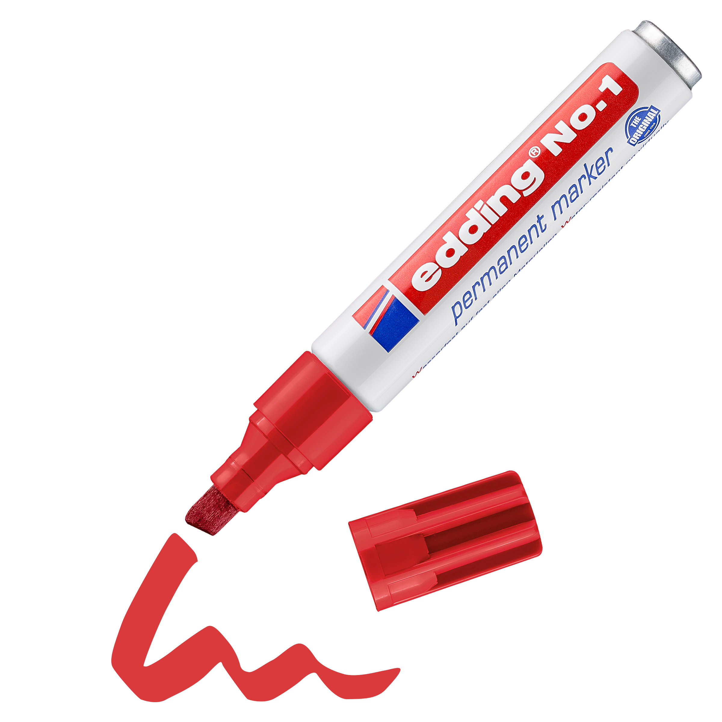 Ein roter edding No. 1 Permanentmarker von edding, ohne Kappe und aus recyceltem Aluminium gefertigt, liegt neben einer verschnörkelten roten Linie auf einer weißen Oberfläche.