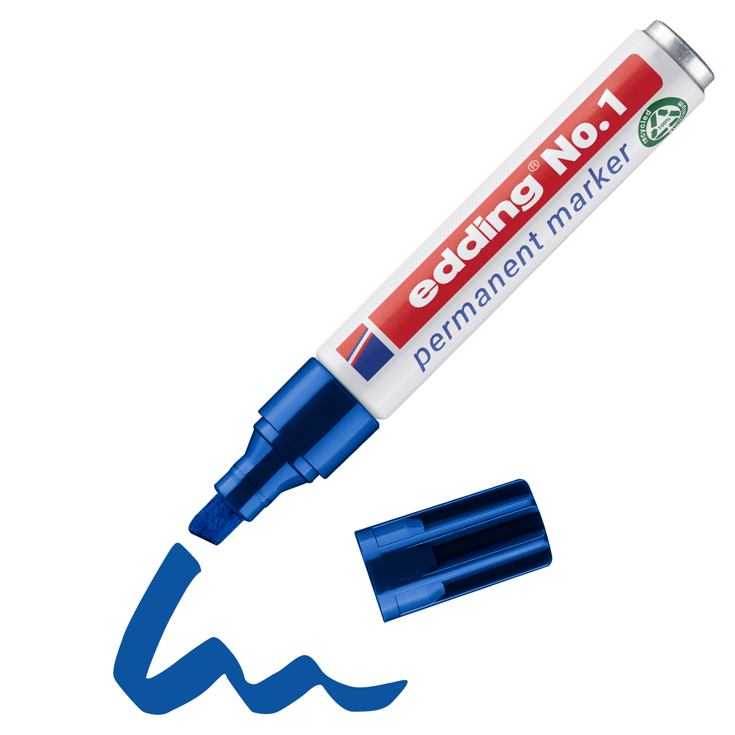 Ein blauer edding Nr. 1 Permanentmarker aus recyceltem Aluminium (ohne Kappe) liegt neben einer blauen Schlangenlinie, die mit dem Marker gezeichnet wurde.