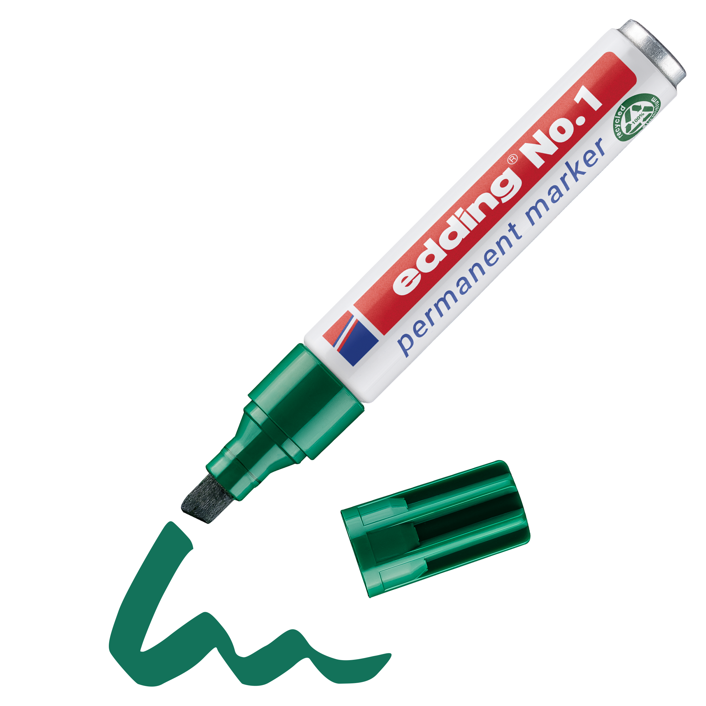Ein grüner edding No. 1 Permanentmarker von edding, ohne Kappe und mit einer verschnörkelten grünen Linie; hergestellt aus recyceltem Aluminium und nachfüllbar für eine nachhaltige Nutzung.