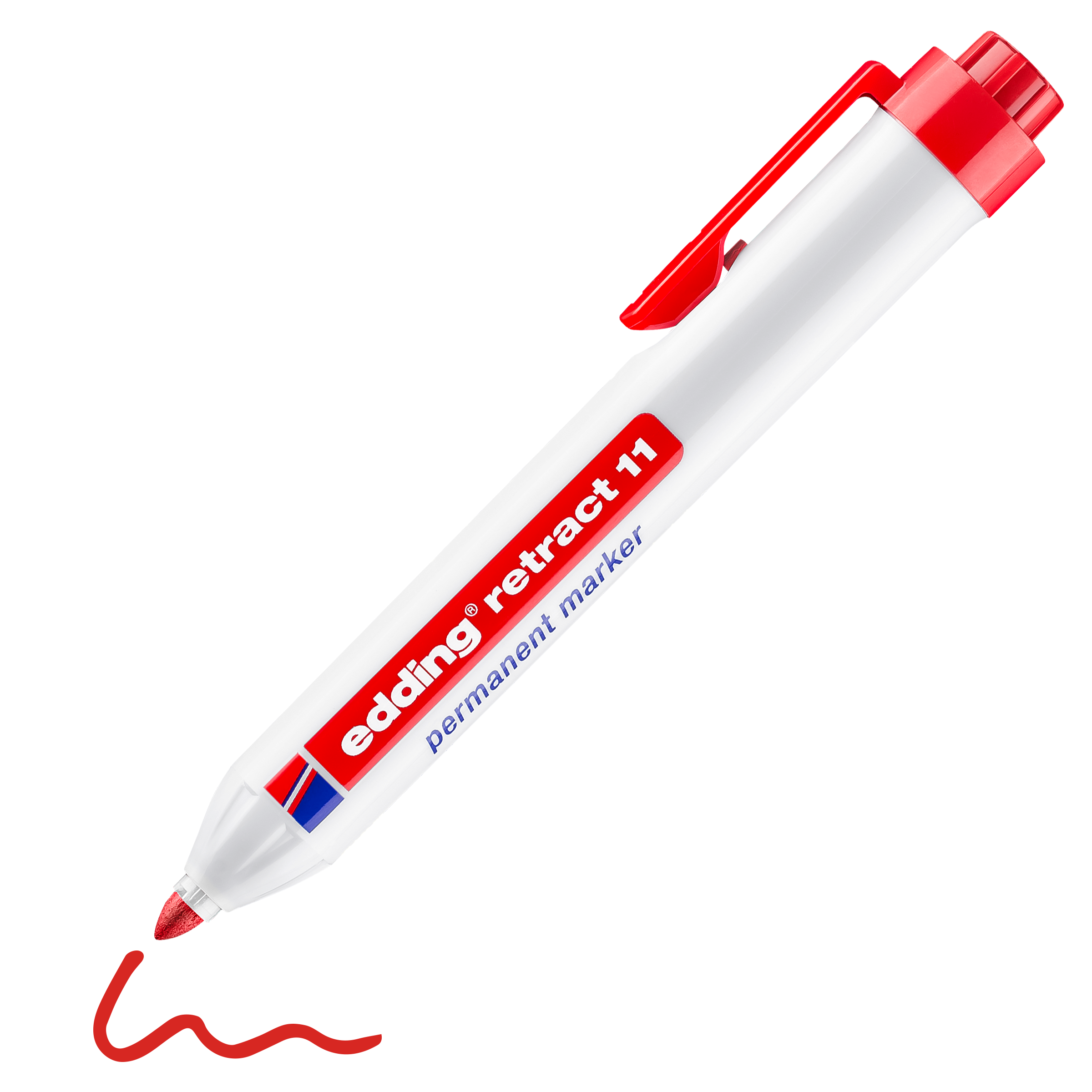 Abgebildet ist ein edding retract 11 Permanentmarker in Weiß und Rot mit roter Spitze und praktischem Druckknopfmechanismus, der eine kräftige rote Schlangenlinie zeichnet.