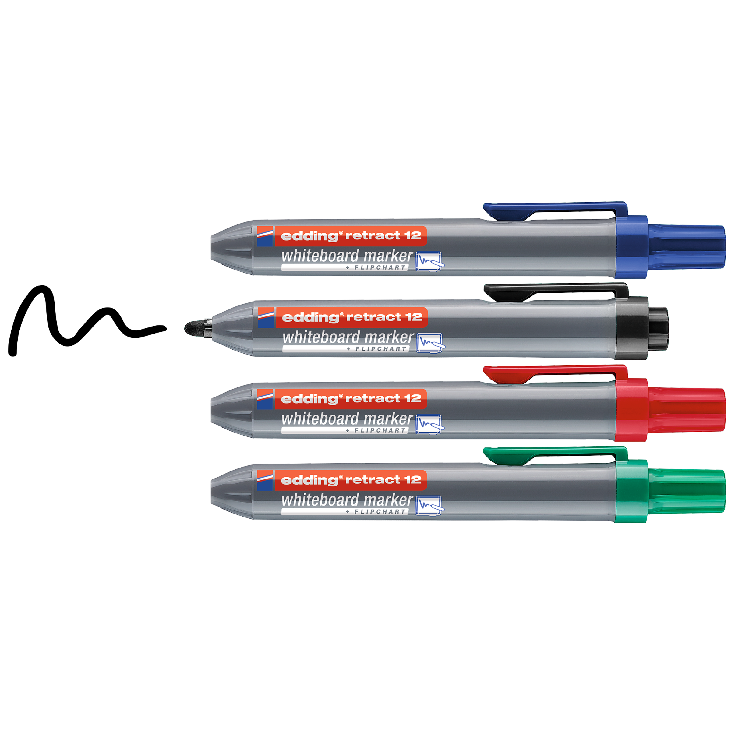 Vier edding retract 12 Whiteboardmarker von edding sind horizontal angeordnet, jeweils mit grauem Schaft und farbigem Clip und Spitze in Blau, Schwarz, Rot oder Grün. Sie tragen den Aufdruck „edding retract 12“ und sind trocken abwischbar.