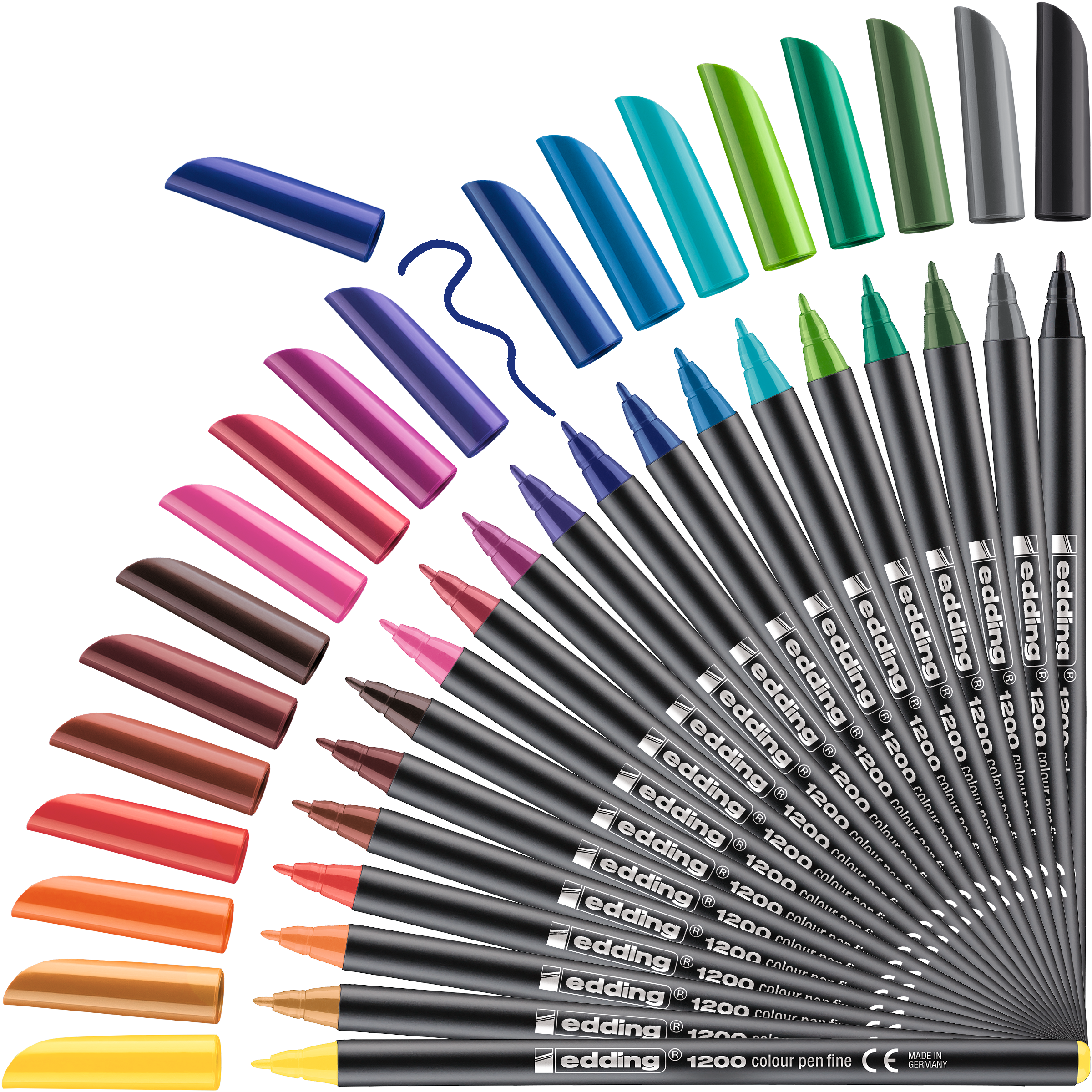 Ein Halbkreis aus 20 edding 1200 Fasermaler fein Stiften, jeweils mit passender Kappe, präsentiert in einem Regenbogenspektrum in einer Metallbox – dieses Set von edding wird in Deutschland hergestellt, um lebendige Kreativität zu entfachen.