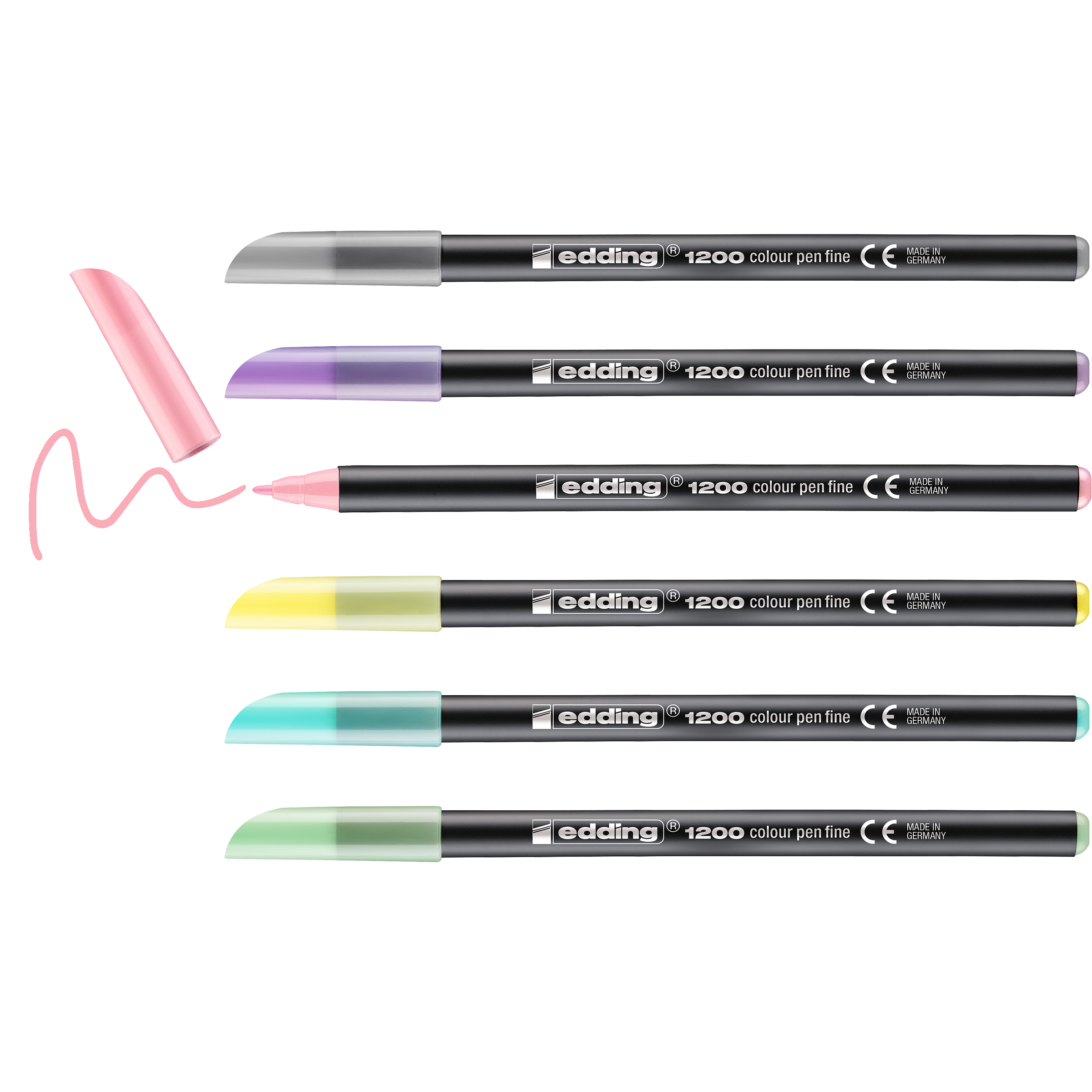 Sechs edding 1200 Fasermaler fein aus dem Bibi & Tina® 6er-Set von edding in verschiedenen Pastellfarben – Rosa, Lila, Gelb, Grün, Blau, Grau – sind nebeneinander abgebildet. Die Kappe des rosa Stiftes ist abgenommen und mit einem Schnörkel versehen.