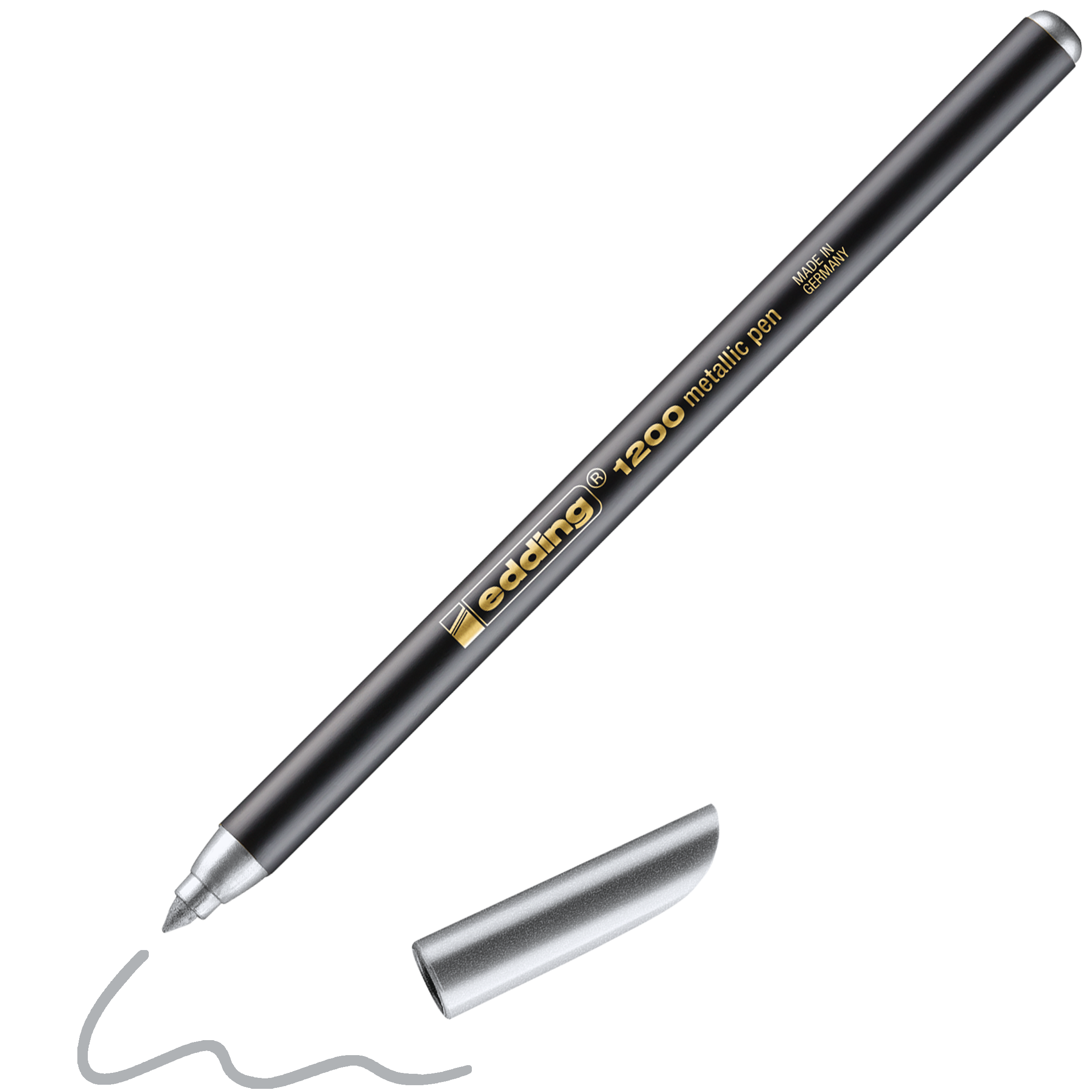 Ein edding 1200 metallic Fasermaler von edding in Schwarz, ohne Kappe, daneben die silberne Kappe und an der Spitze eine wellenförmige silberne Linie – ideal für glänzendes Verzieren und geschätzt als hochwertiges Markenprodukt.