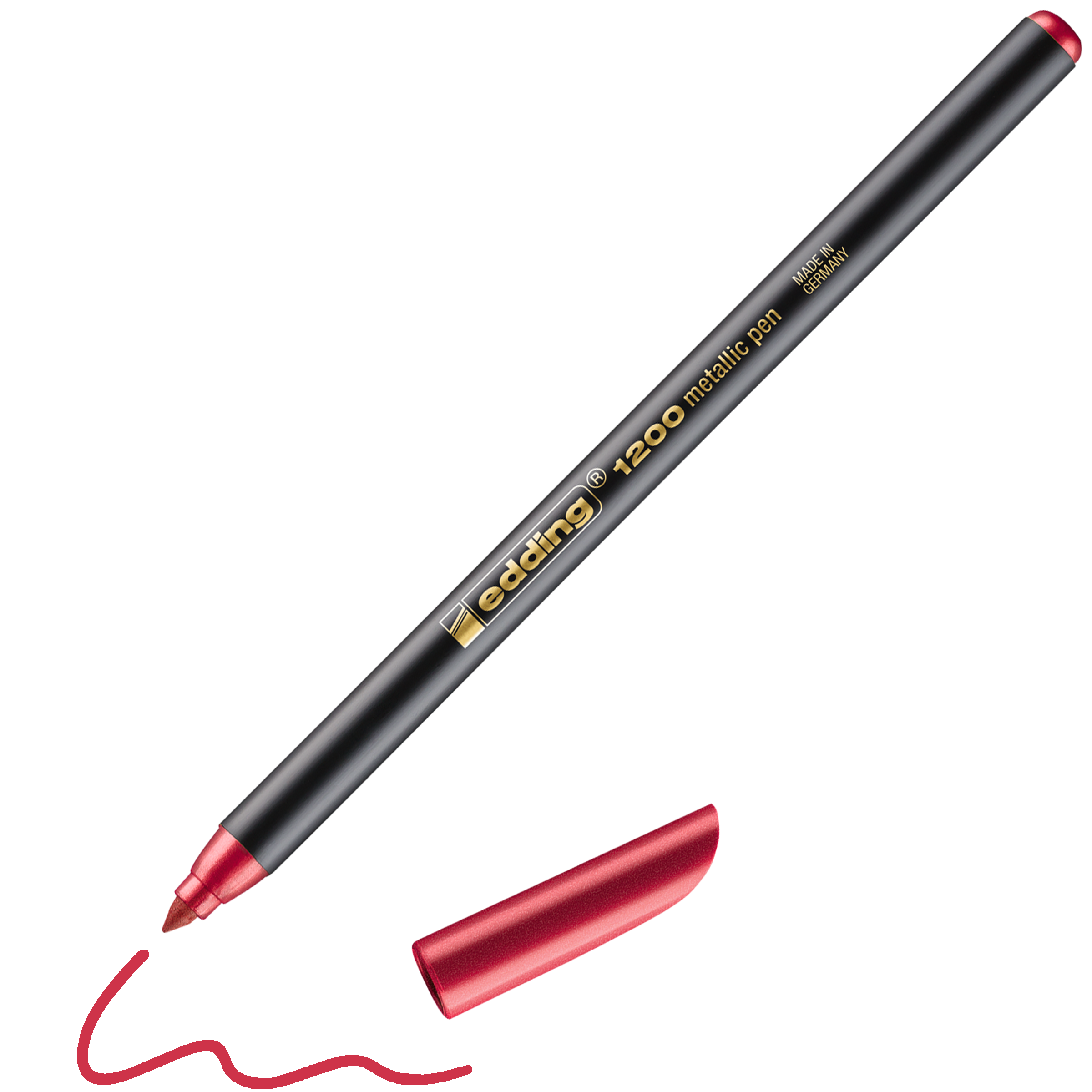 Daneben liegt ein schwarz-goldener edding 1200 metallic Fasermaler ohne rote Kappe. Der Stift hat eine wellenförmige rote Linie gezeichnet, die seine Tintenfarbe für glänzende Dekorationen zeigt.