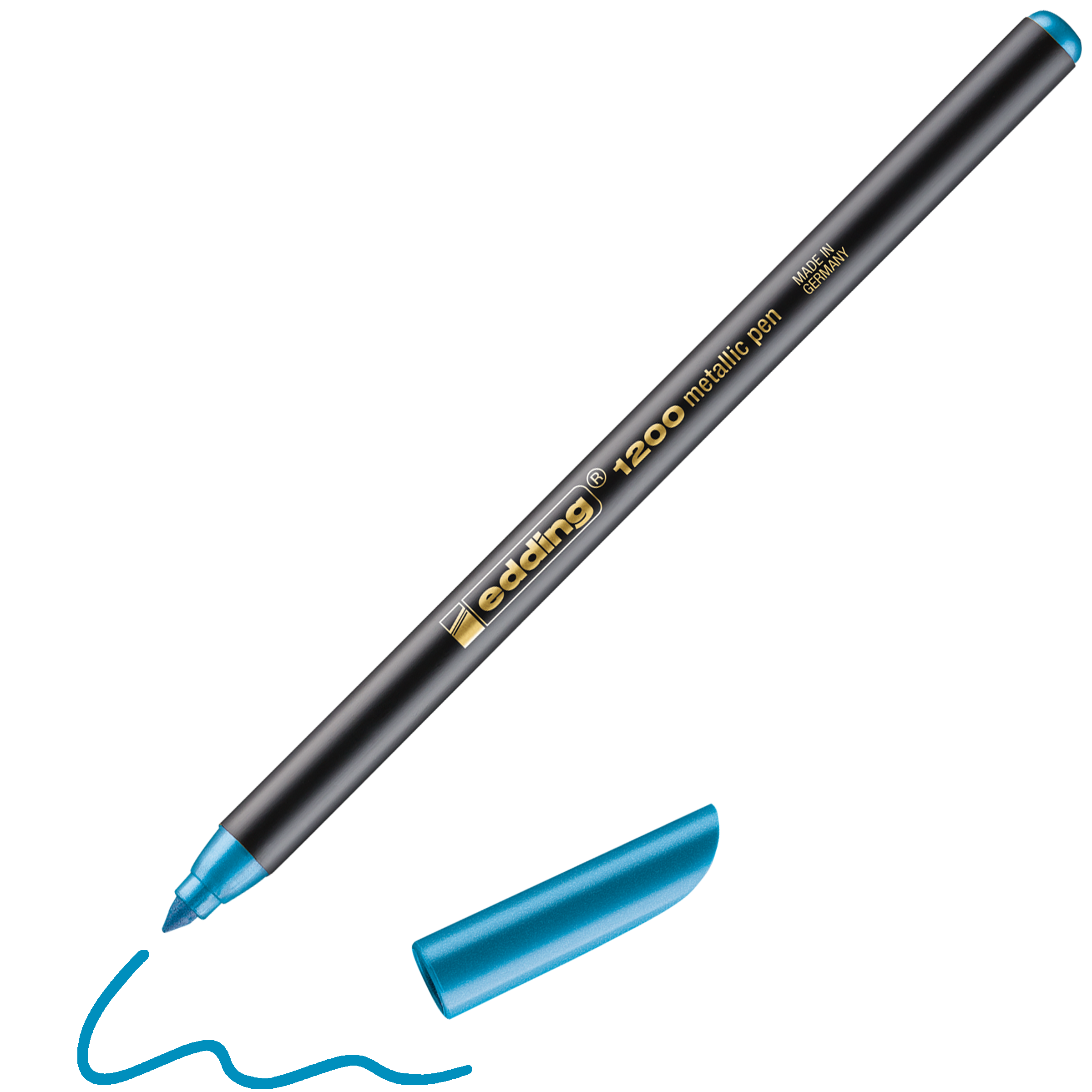Ein blau-metallischer edding 1200 Metallic-Fasermaler liegt schräg, die Kappe ist unten abgenommen. Auf dem Schaft steht in goldener Schrift „edding 1200 Metallic Pen“, mit einer kurzen blauen Schnörkellinie nahe der Spitze für glänzendes Verzieren.