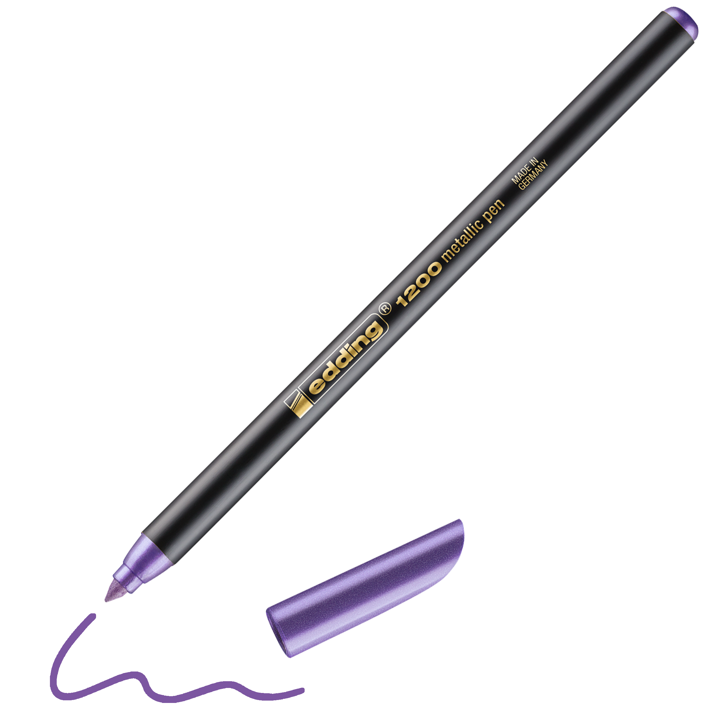 Ein hochwertiges Markenprodukt: Der edding 1200 metallic Fasermaler von edding in Schwarz und Metallic-Lila, mit abgenommener lila Kappe, zieht eine glänzende violette Wellenlinie.