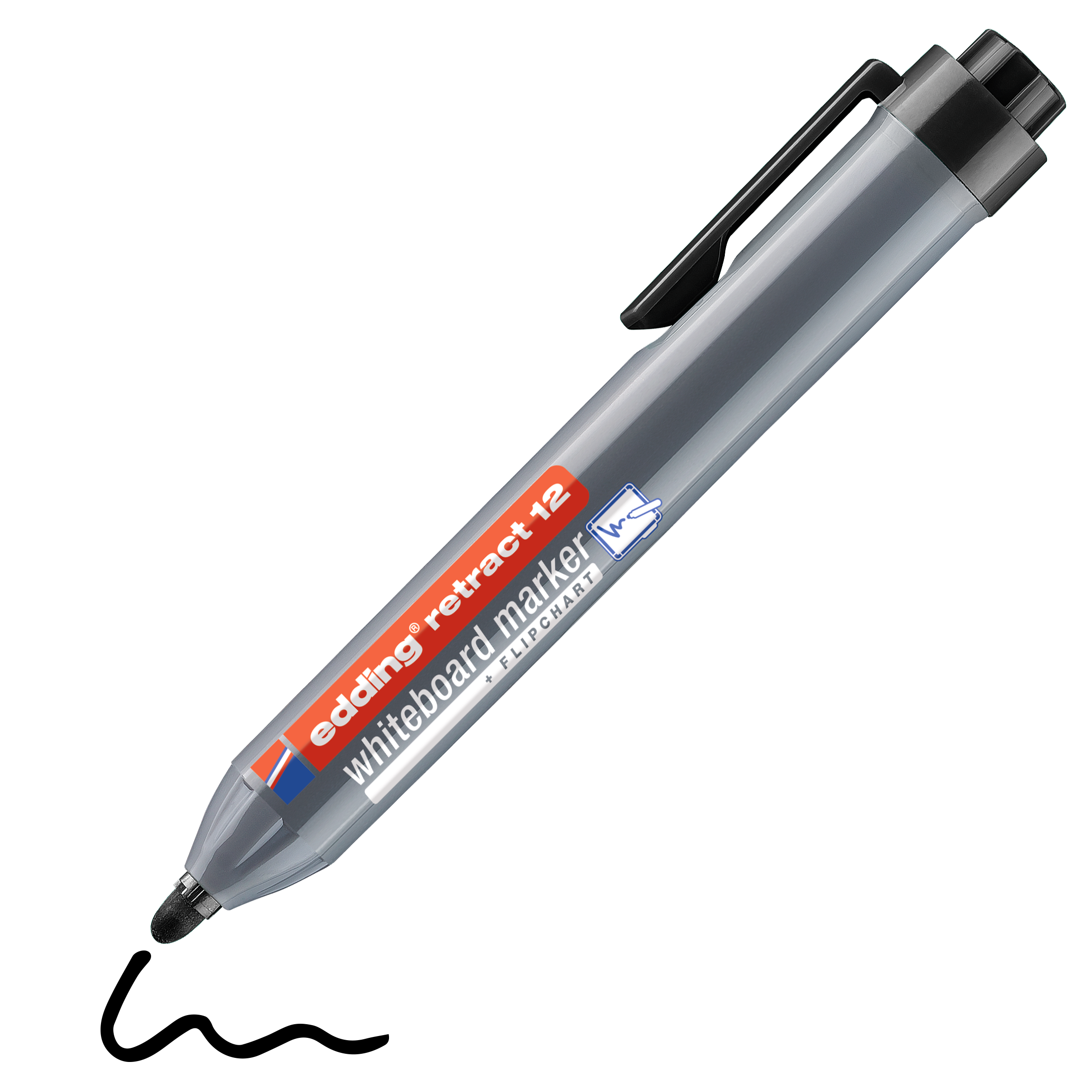 Der edding retract 12 Whiteboardmarker von edding verfügt über ein graues Gehäuse, Druckknopfmechanik, schwarzen Clip, Druckknopf, rot-weiße Beschriftung und ist zur einfachen Reinigung trocken abwischbar.