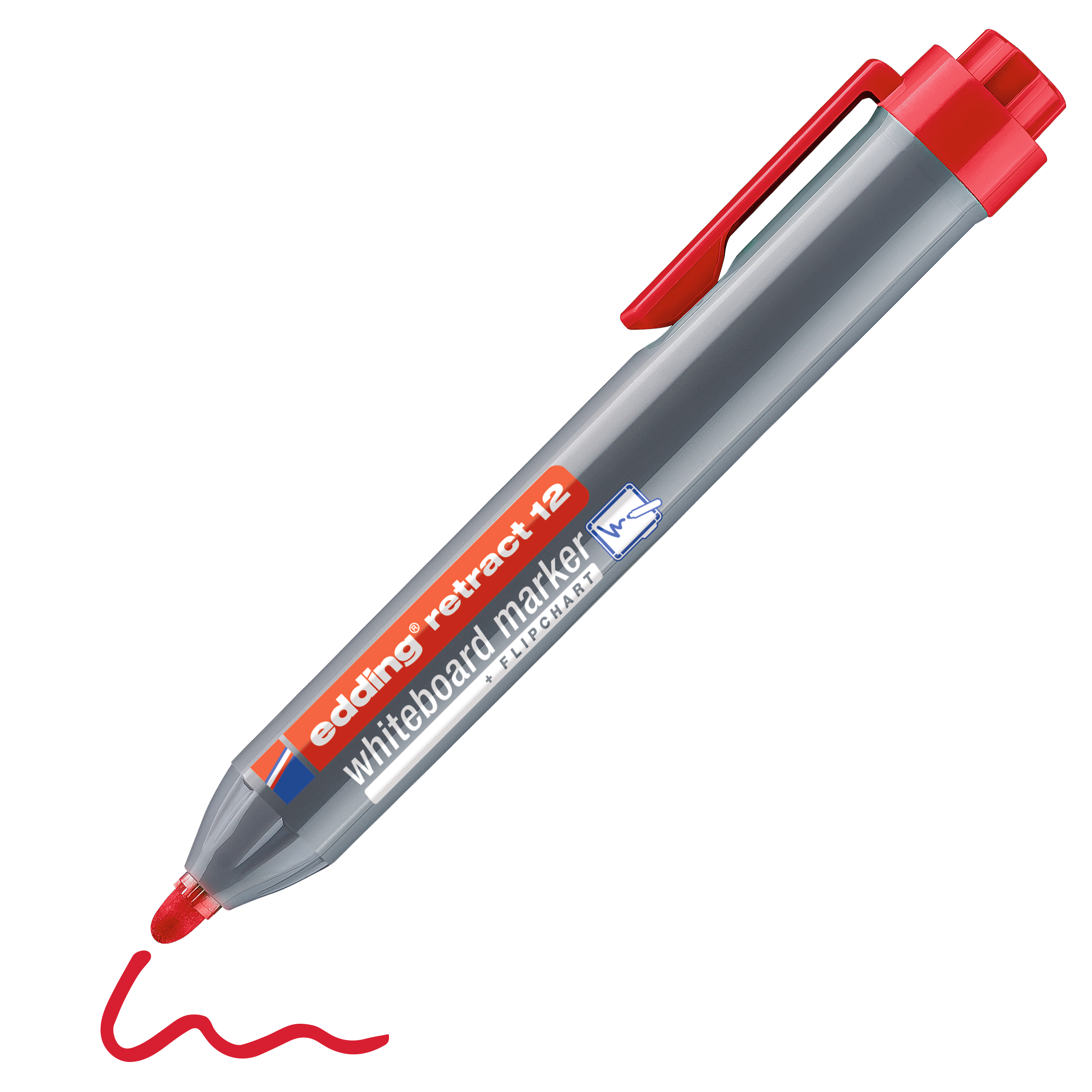 Der grau-rote edding retract 12 Whiteboardmarker verfügt über eine rote Tintenspitze, eine Druckknopfmechanik und ist trocken abwischbar – ideal für gleichmäßiges Schreiben und schnelles Trockenlöschen.