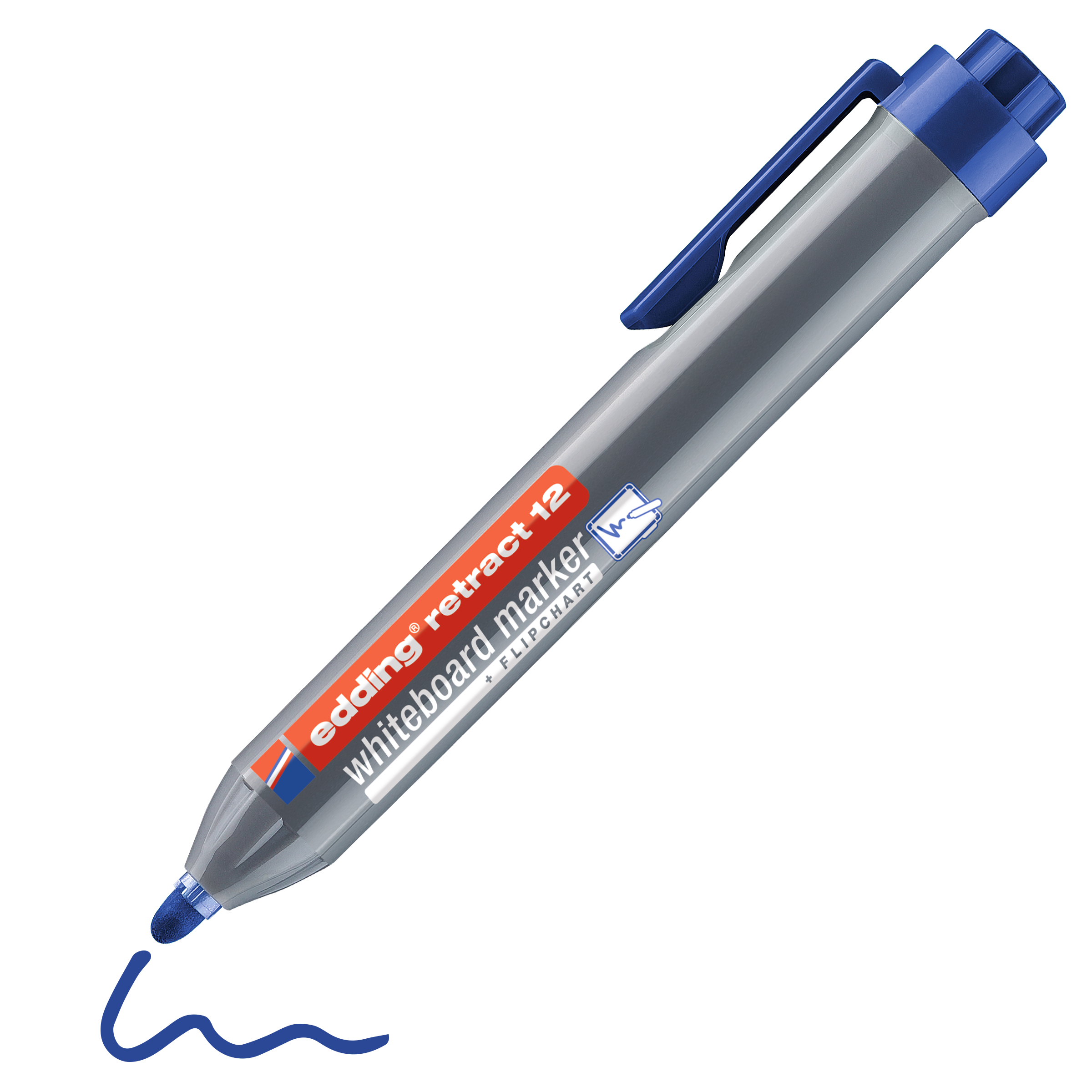 Der blaue edding retract 12 Whiteboardmarker mit Druckknopfmechanik und ausgefahrener Spitze zeichnet eine blaue Wellenlinie. Er hat ein transparentes Gehäuse, eine blaue Kappe, ein rot-weißes Etikett und ist trocken abwischbar. Marke: edding.