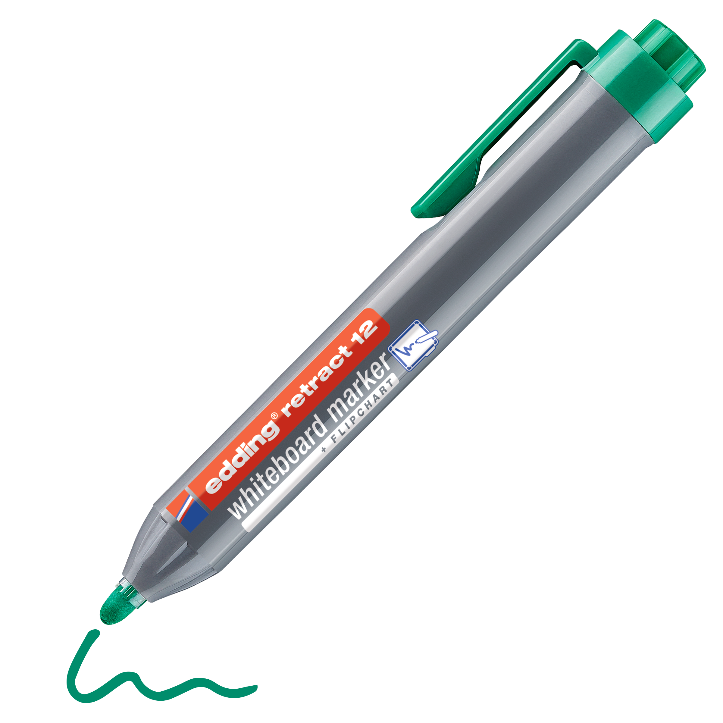 Ein grau-grüner edding retract 12 Whiteboardmarker von edding, mit Druckknopfmechanik, einer sichtbaren grünen Tintenlinie, der Aufschrift „edding retract 12 Whiteboardmarker“ und ist trocken abwischbar.