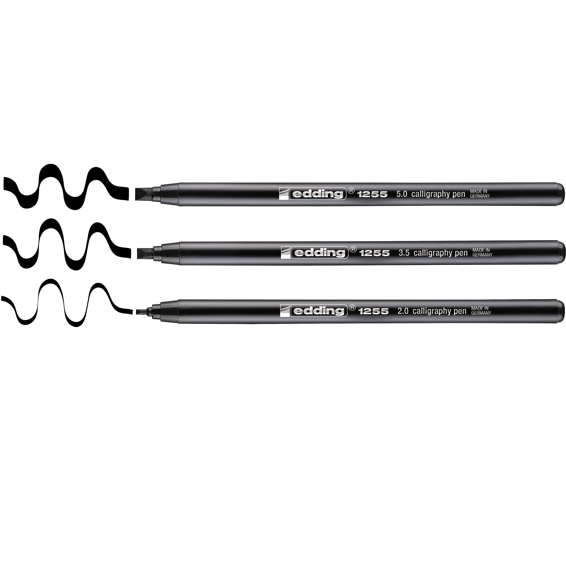 Das edding 1255 Kalligrafiestift 3er-Set von edding enthält drei schwarze Kalligrafiestifte mit unterschiedlichen Spitzengrößen – 2,0, 3,5 und 5,0 mm – jeweils mit weißer Beschriftung zum Erstellen eleganter Schriftstile.
