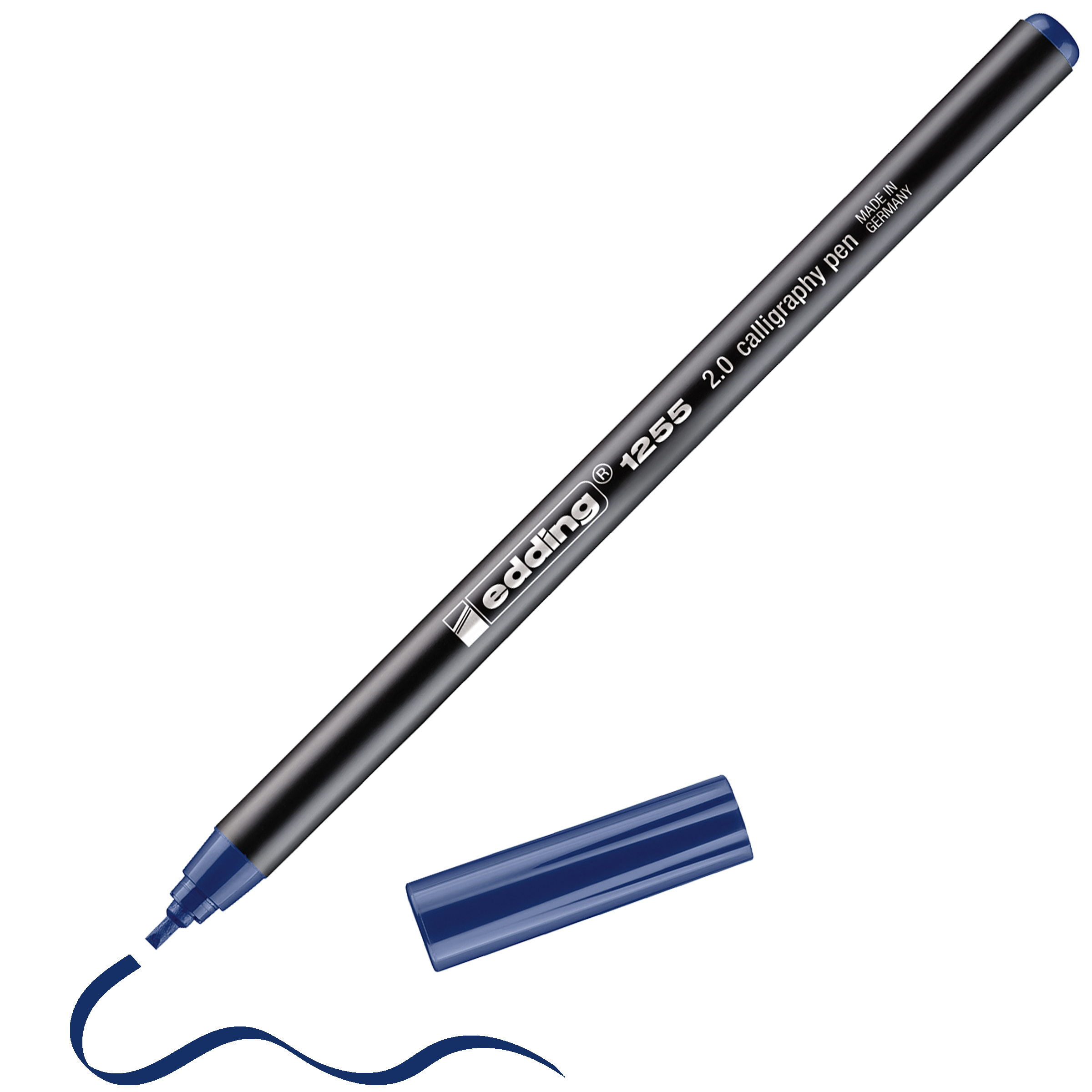 Ein schwarzer edding 1255 Kalligrafiestift mit blauer Kappe und Spitze zeichnet eine wellenförmige blaue Linie. Die Kappe liegt neben dem Stift – perfekt für stilvolles Lettering mit edding Kalligrafiestiften in Vintage-Farben.