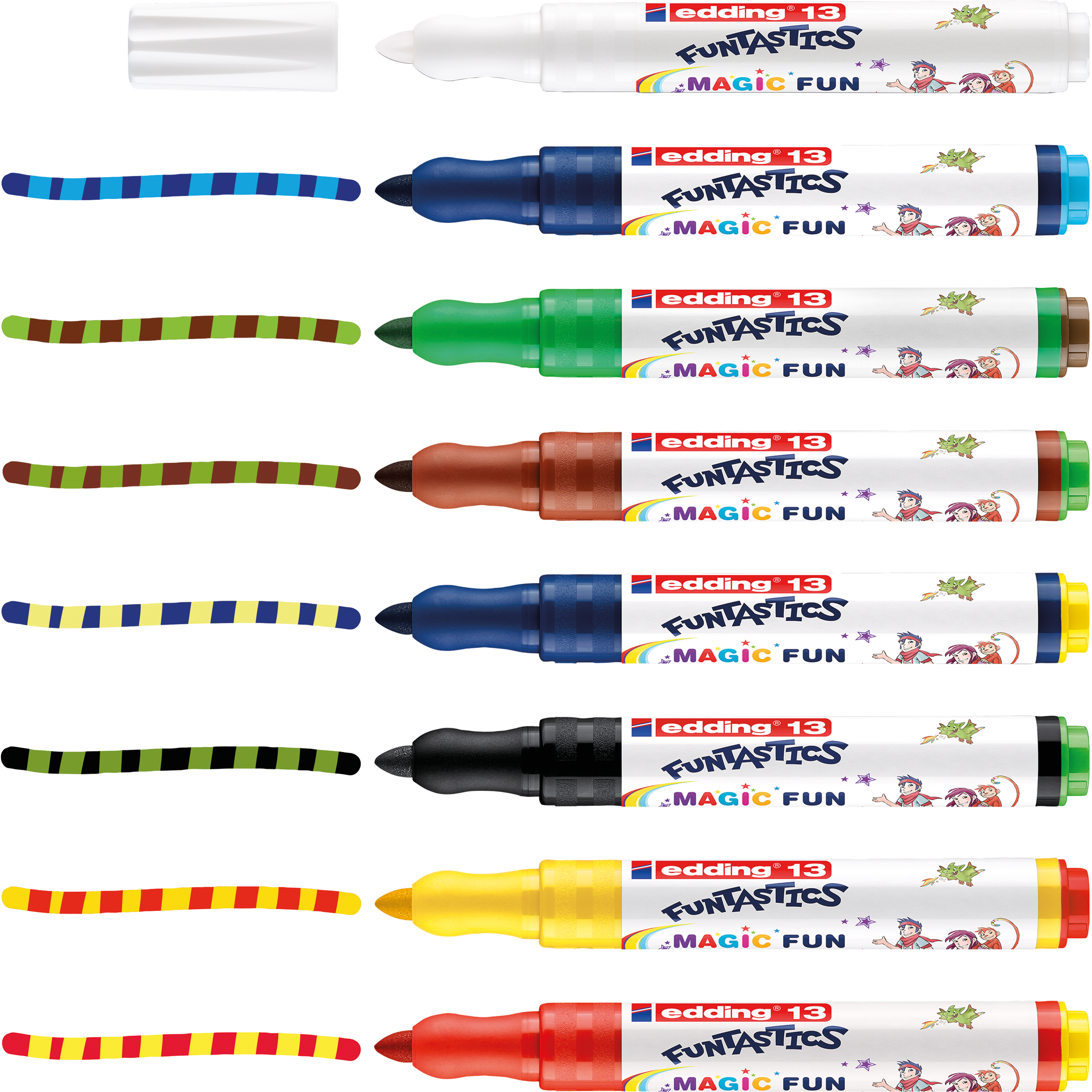 Acht edding 13 FUNTASTICS MAGIC FUN Kinderfasermaler aus dem Bibi & Tina®-Set werden ohne Kappe und mit Kappe über jedem Marker präsentiert und zeigen so ihre farbenfrohe Magie – perfekt für jeden Bibi & Tina®-Fan!.