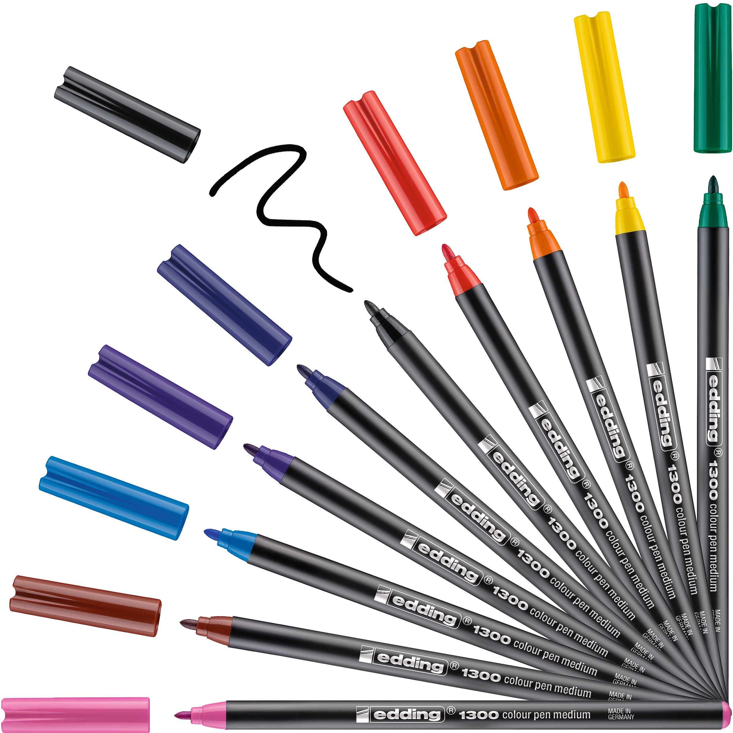 Zehn edding 1300 Fasermaler mit mittlerer Spitze sind fächerförmig angeordnet und mit passenden Kappen versehen. Das Set in der 10er-Metallbox bietet die Farben Schwarz, Blau, Lila, Rot, Orange, Gelb und Grün mit wasserbasierter Tinte.