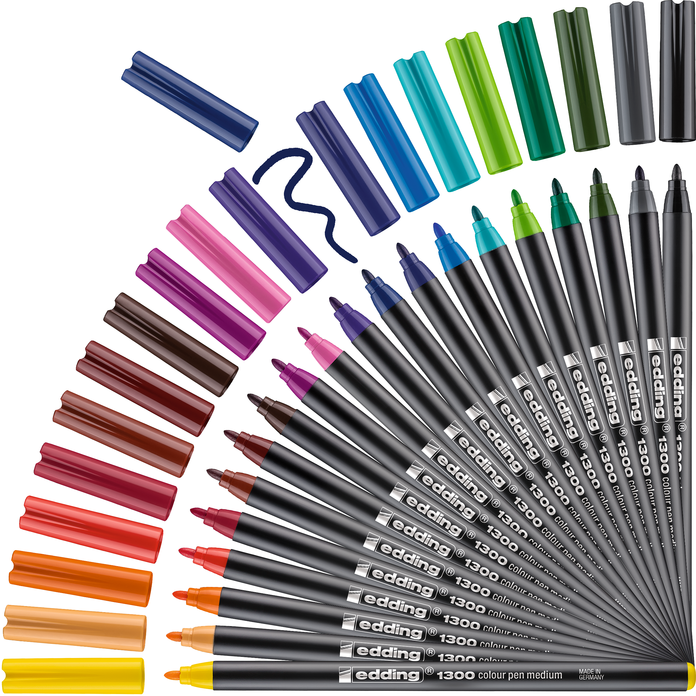 Ein fächerförmiges Display mit 20 edding 1300 Fasermalern von edding in einer Metallbox mit Kappen darüber präsentiert leuchtende Farben von Gelb und Orange bis Blau, Grün und Schwarz – ideal für kreative Handlettering-Projekte.