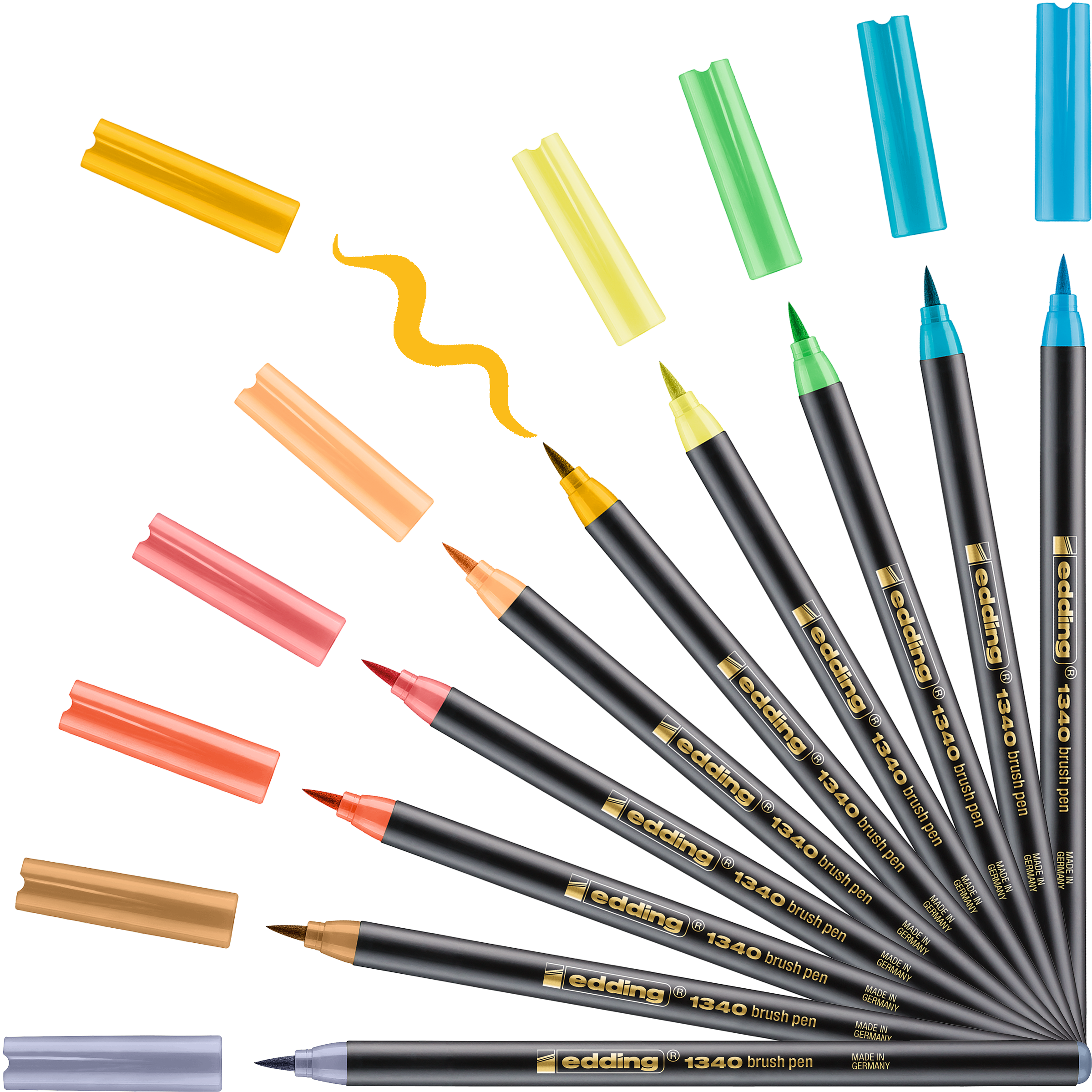 Das edding 1340 Pinselstift 10er-Set enthält zehn farbige Stifte mit flexibler Spitze, jeweils mit passender Kappe und leuchtender Tinte – ideal für kreatives Handlettering auf weißem Hintergrund.