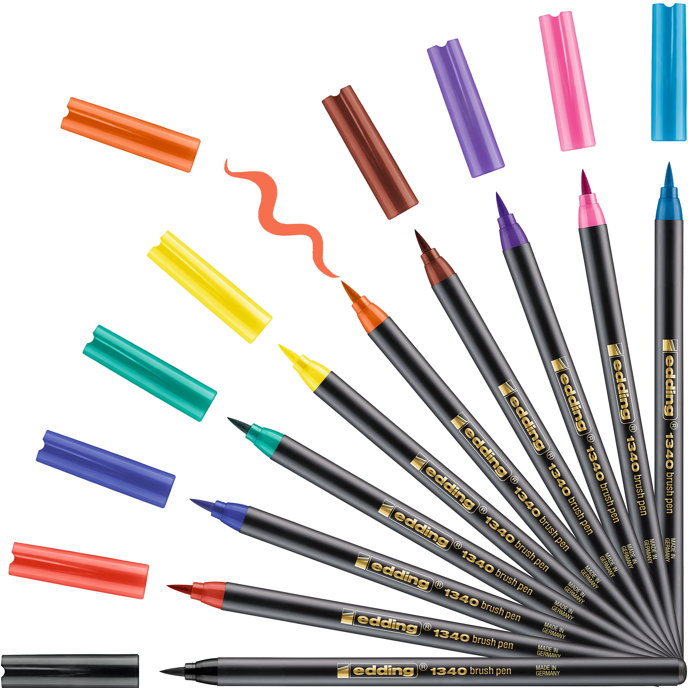 Ein Set aus zehn edding 1340 Pinselstiften von edding, jeweils mit passender Kappe und flexibler Pinselspitze, liegt in leuchtenden Farben arrangiert da – ein Stift zeichnet ein orangefarbenes Kringelmuster und eignet sich daher perfekt für kreatives Handlettering.