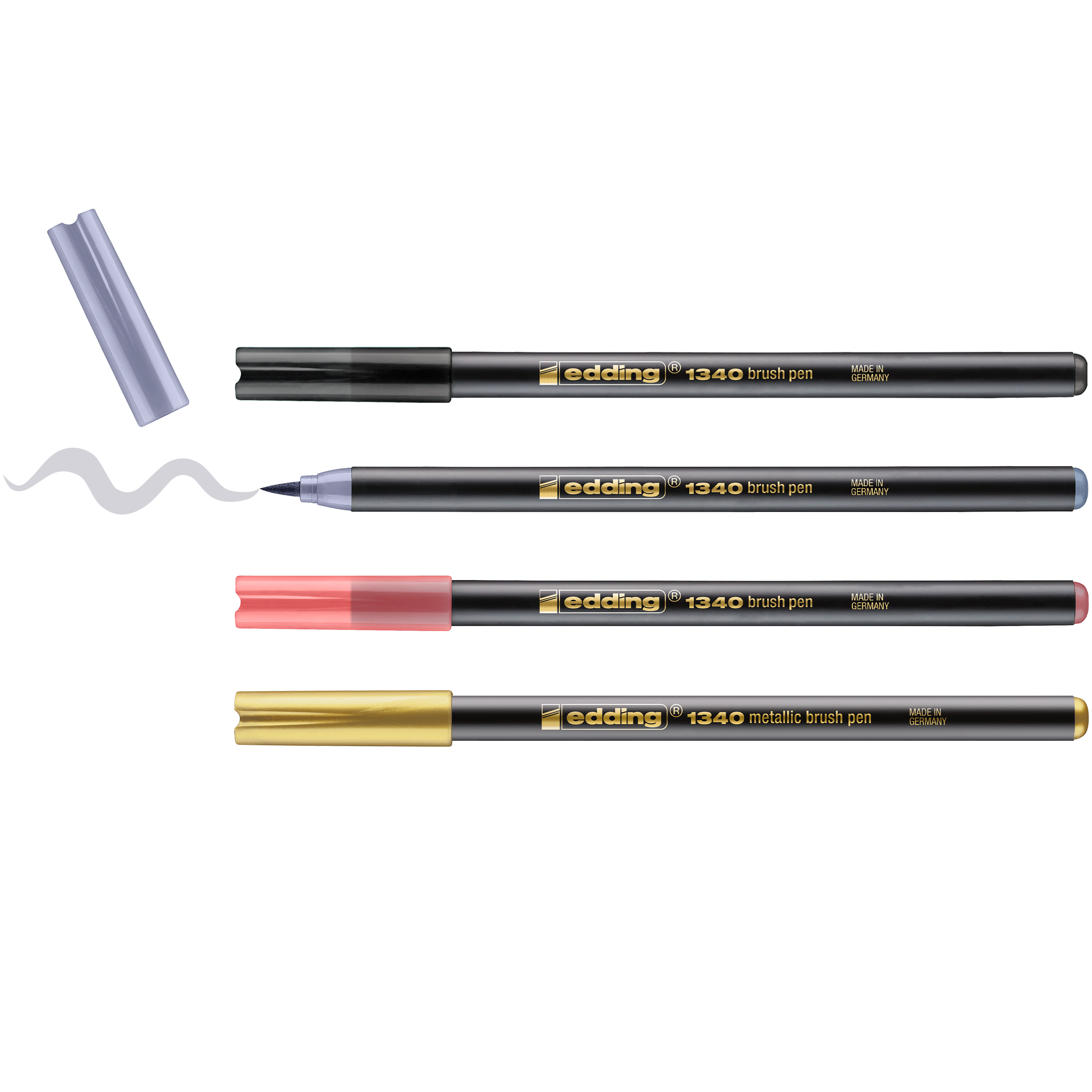 Das edding 1340 metallic Pinselstift 4er-Set Mix von edding enthält Stifte in Schwarz, Blau, Pink und Gold. Der schwarze Stift malt eine gewellte Linie, die anderen liegen mit Kappe daneben – perfekt für kreatives Handlettering.