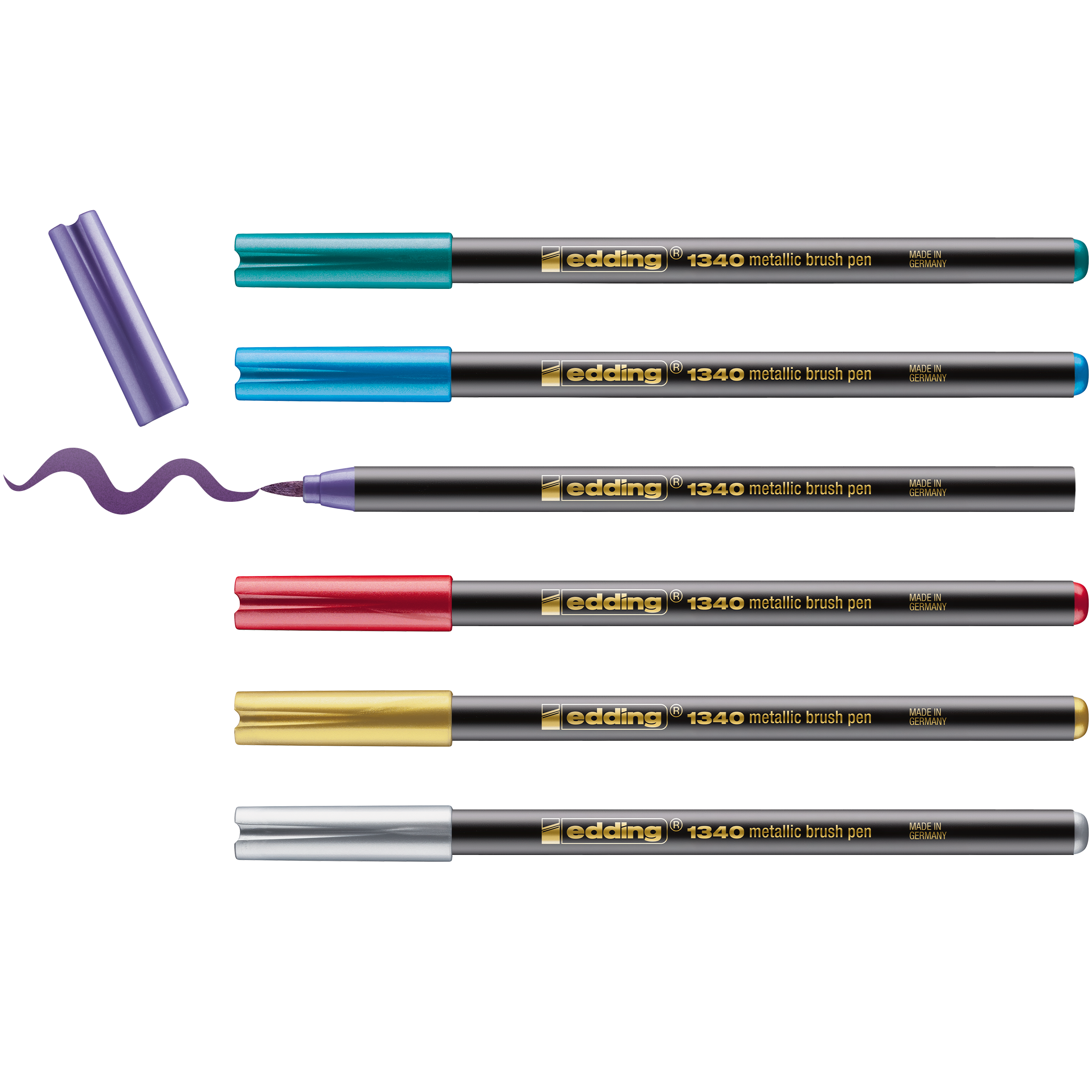 Sechs edding 1340 metallic Pinselstifte – lila, blau, grün, pink, gold, silber – sind horizontal angeordnet. Der violette Stift ohne Kappe zeigt daneben eine Metallic-Tinte-Schnörkelung – ideal für Handlettering.