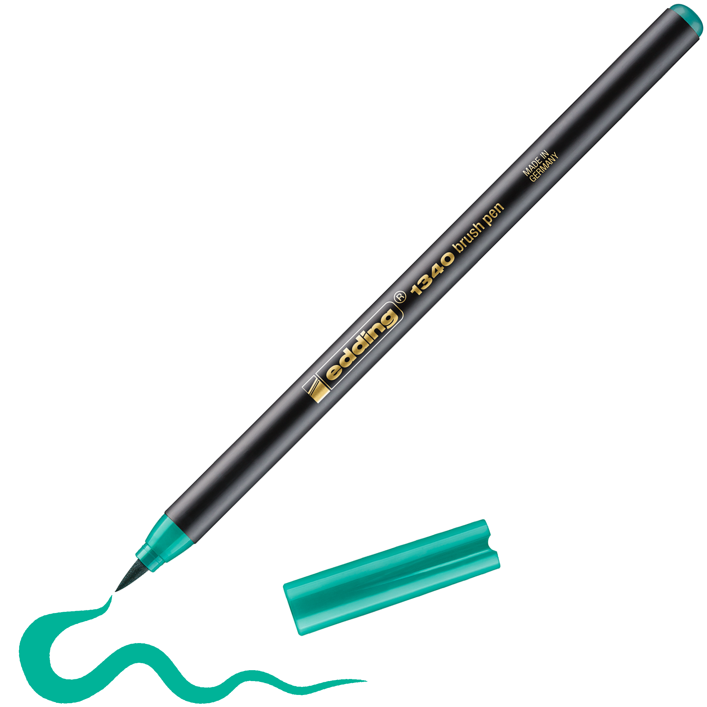 Ein edding 1340 Pinselstift von edding zeichnet mit abgenommener türkisfarbener Kappe eine wellenförmige türkisfarbene Linie. Die Kappe liegt griffbereit, das Etikett ist sichtbar – perfekt zum Kombinieren leuchtender Farben.