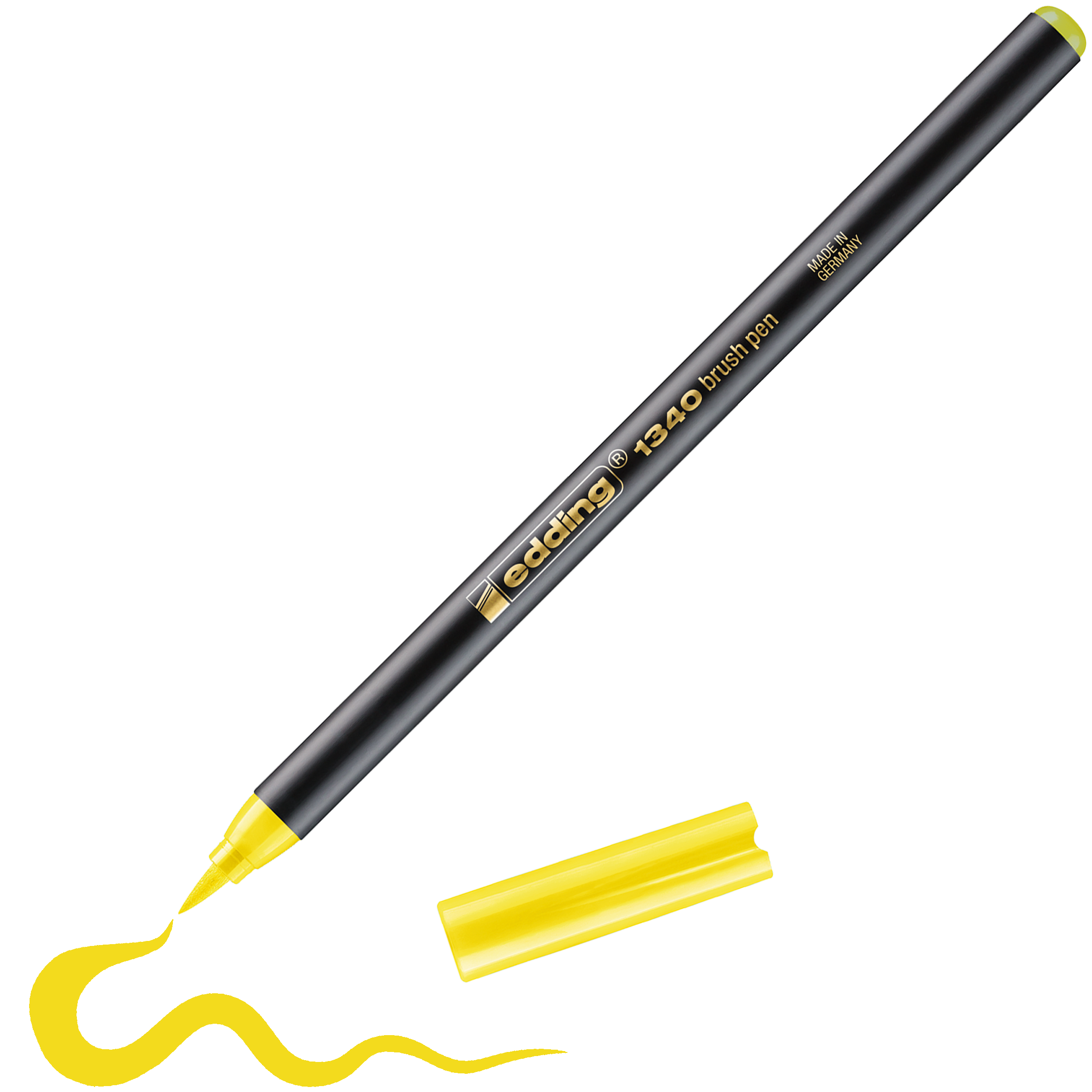 Ein edding 1340 Pinselstift in Schwarz mit gelber Kappe zieht eine wellige Linie auf weißem Papier. Der Markenstift von edding eignet sich ideal zum Kombinieren von Kategorien. Stift und Kappe liegen nebeneinander.