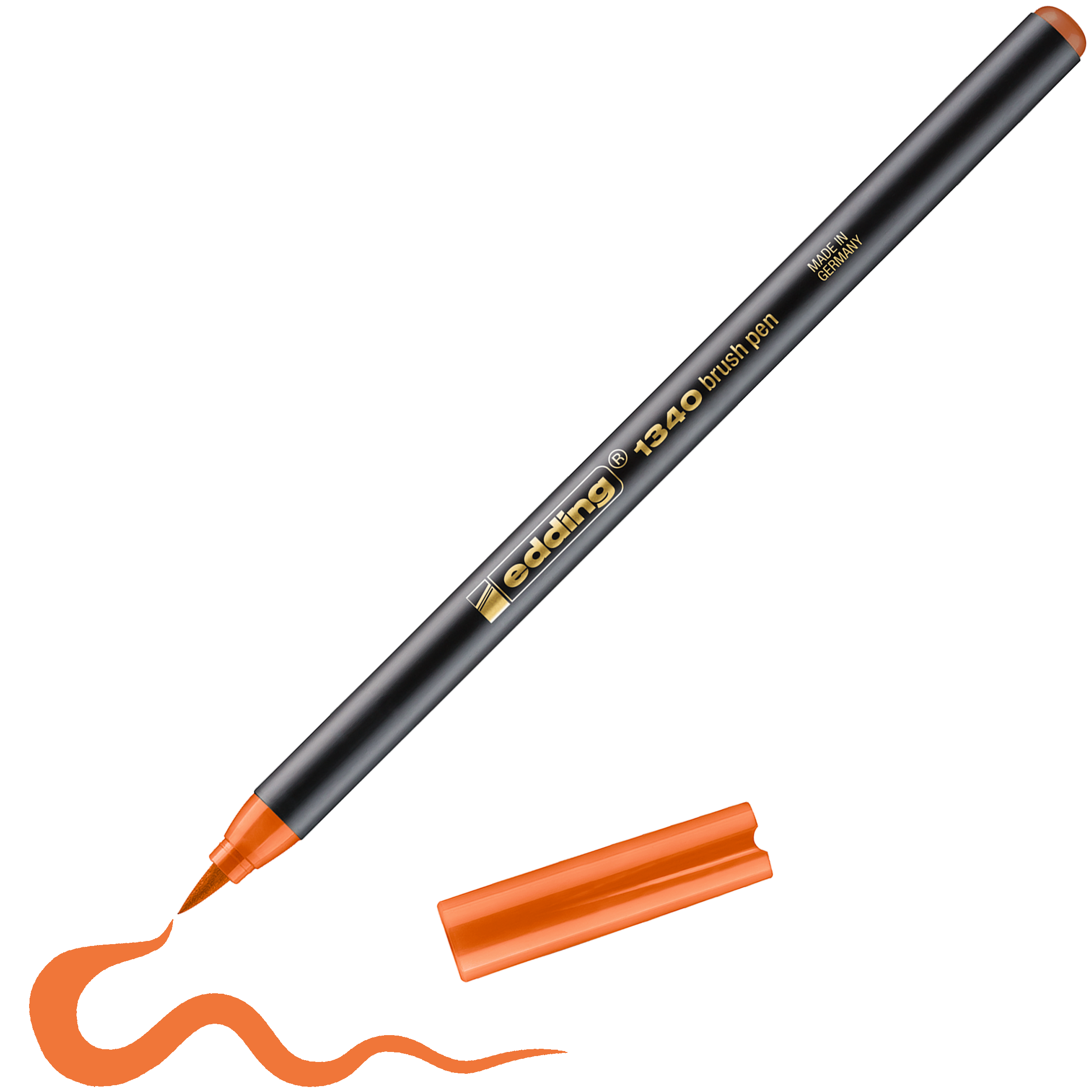 Der edding 1340 Pinselstift von edding in Schwarz-Orange mit orangefarbener Kappe zeichnet eine wellenförmige Linie – perfekt zum Kombinieren verschiedener Farbnuancen.