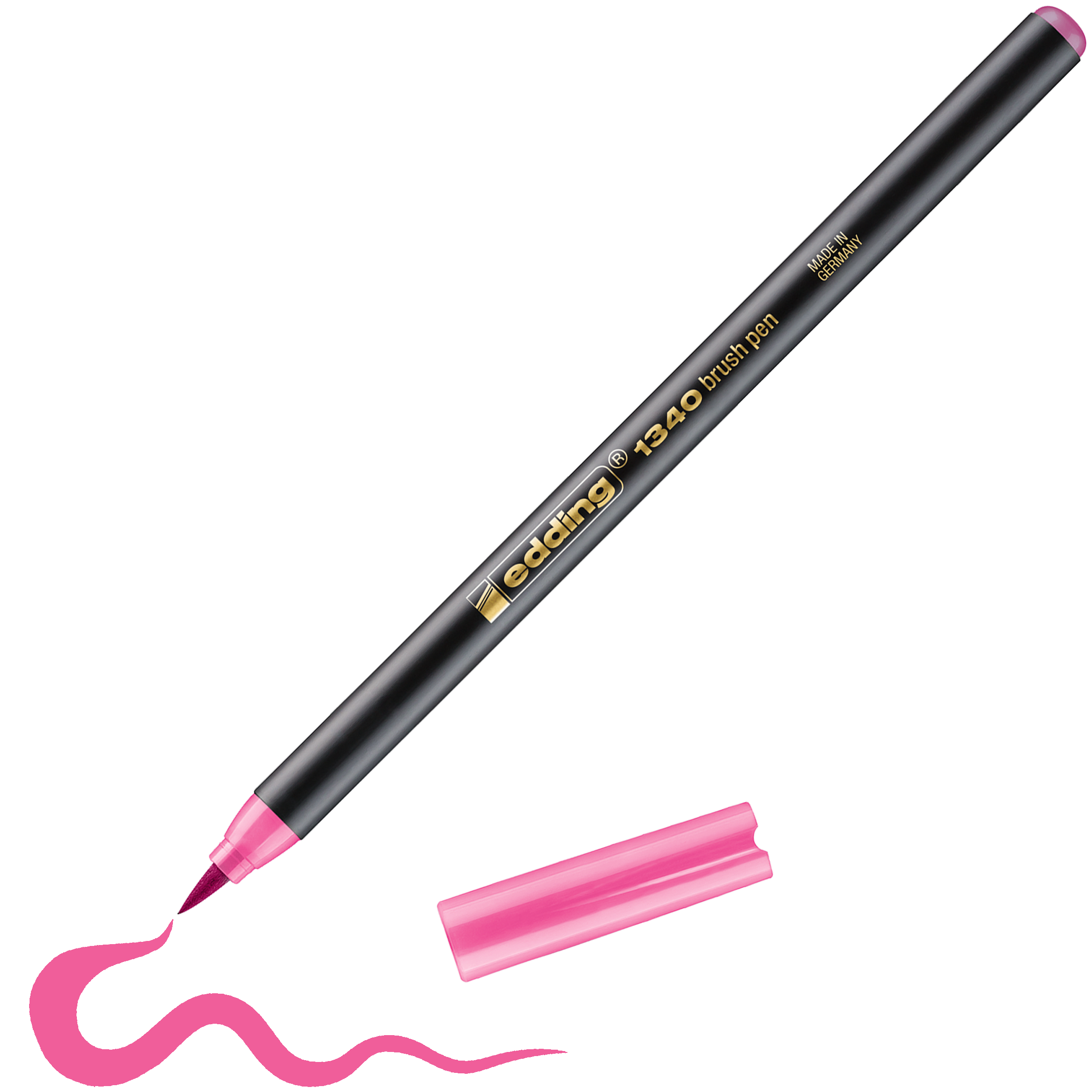 Ein schwarzer edding 1340 Pinselstift von edding zeichnet mit seiner Pinselspitze eine wellenförmige rosa Linie; daneben liegt die rosafarbene Kappe – ideal für kreative Projekte und Kombination mit den edding Pinselstiften.