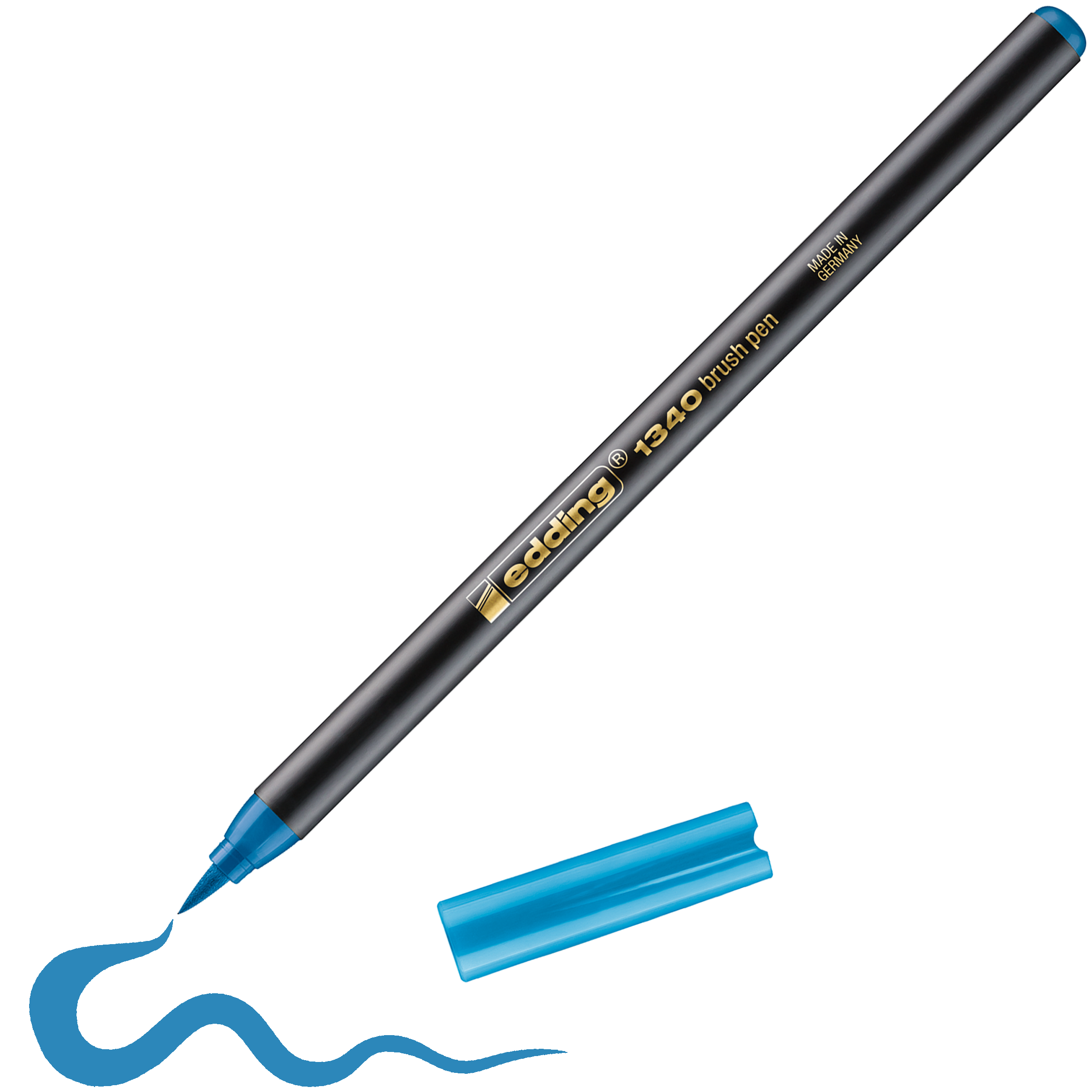 Ein schwarzer edding 1340 Pinselstift mit blauer Kappe und leuchtend blauer Tinte, abgebildet ohne Kappe beim Zeichnen einer Wellenlinie – ideal für edding-Fans, die gerne Farbtöne kombinieren.