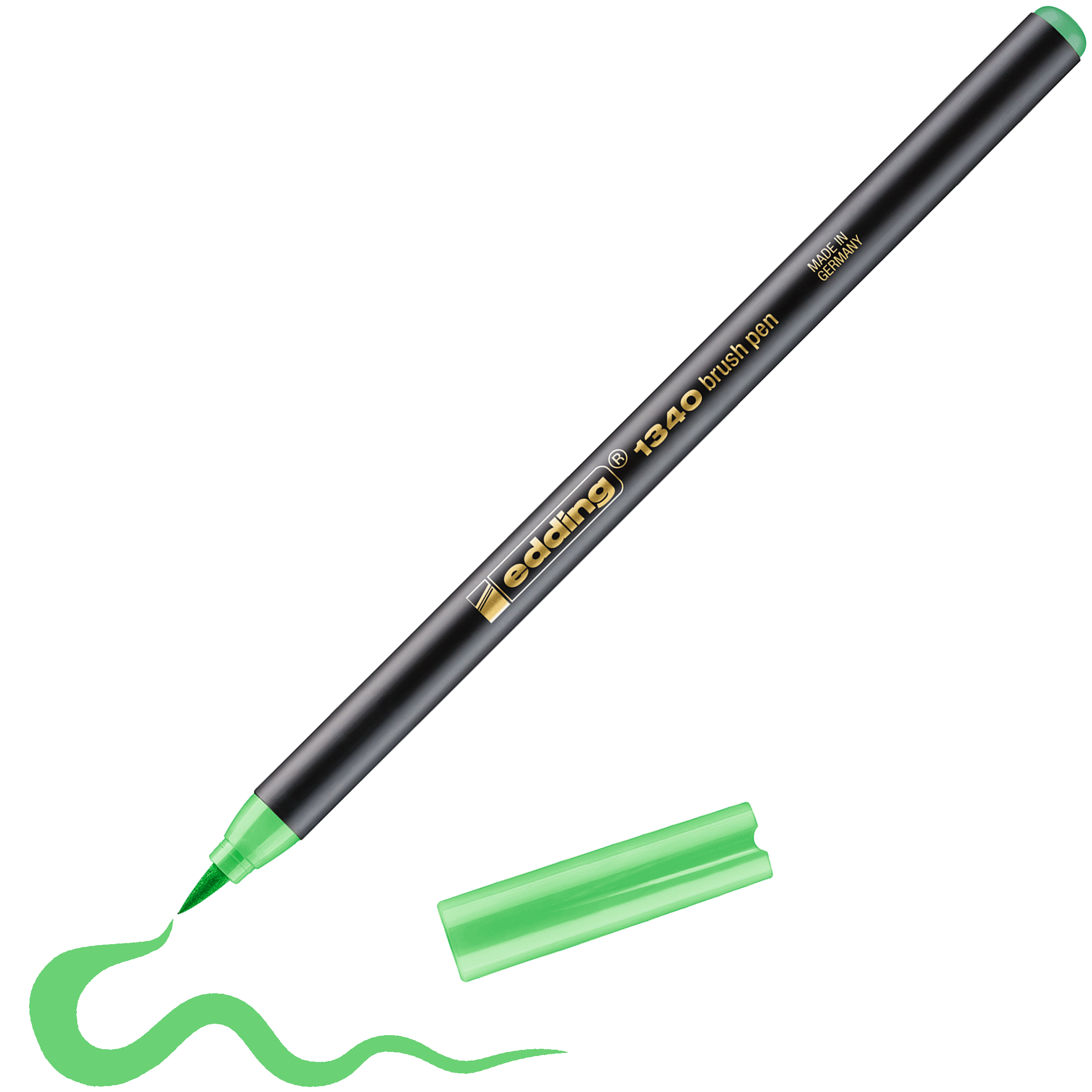 Der grüne edding 1340 Pinselstift, ein hochwertiger edding Pinselstift, verfügt über einen schwarzen Schaft mit gold-weißem Text. Ohne Kappe zeichnet er eine wellenförmige grüne Linie, mit der Sie Farbtöne in Ihrem Kunstwerk kombinieren können.