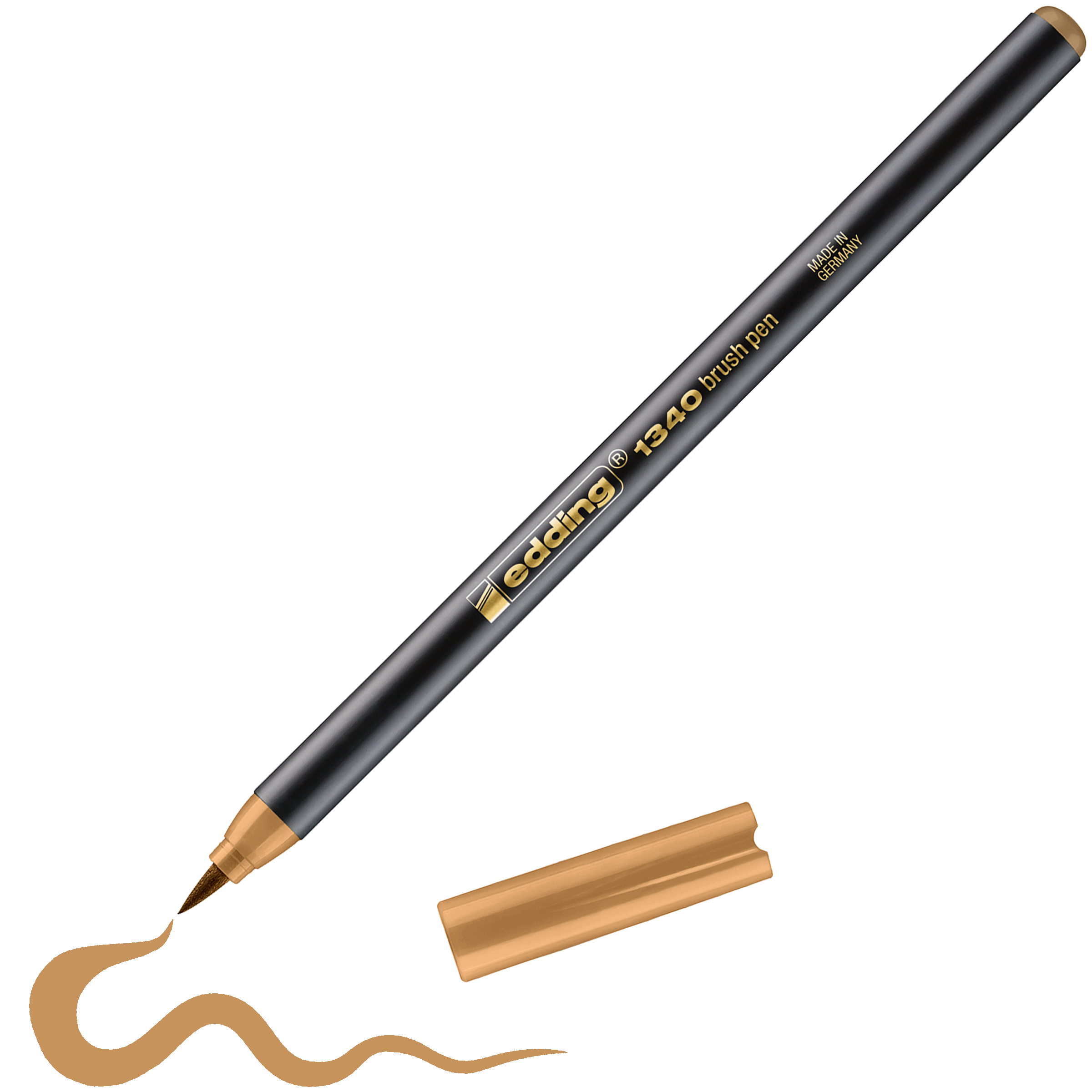 Ein edding 1340 Pinselstift der Marke edding mit goldener Kappe ist zu sehen. Der hochwertige Pinselstift zeichnet eine geschwungene goldene Linie und eignet sich ideal zum Kombinieren von Farbtönen.