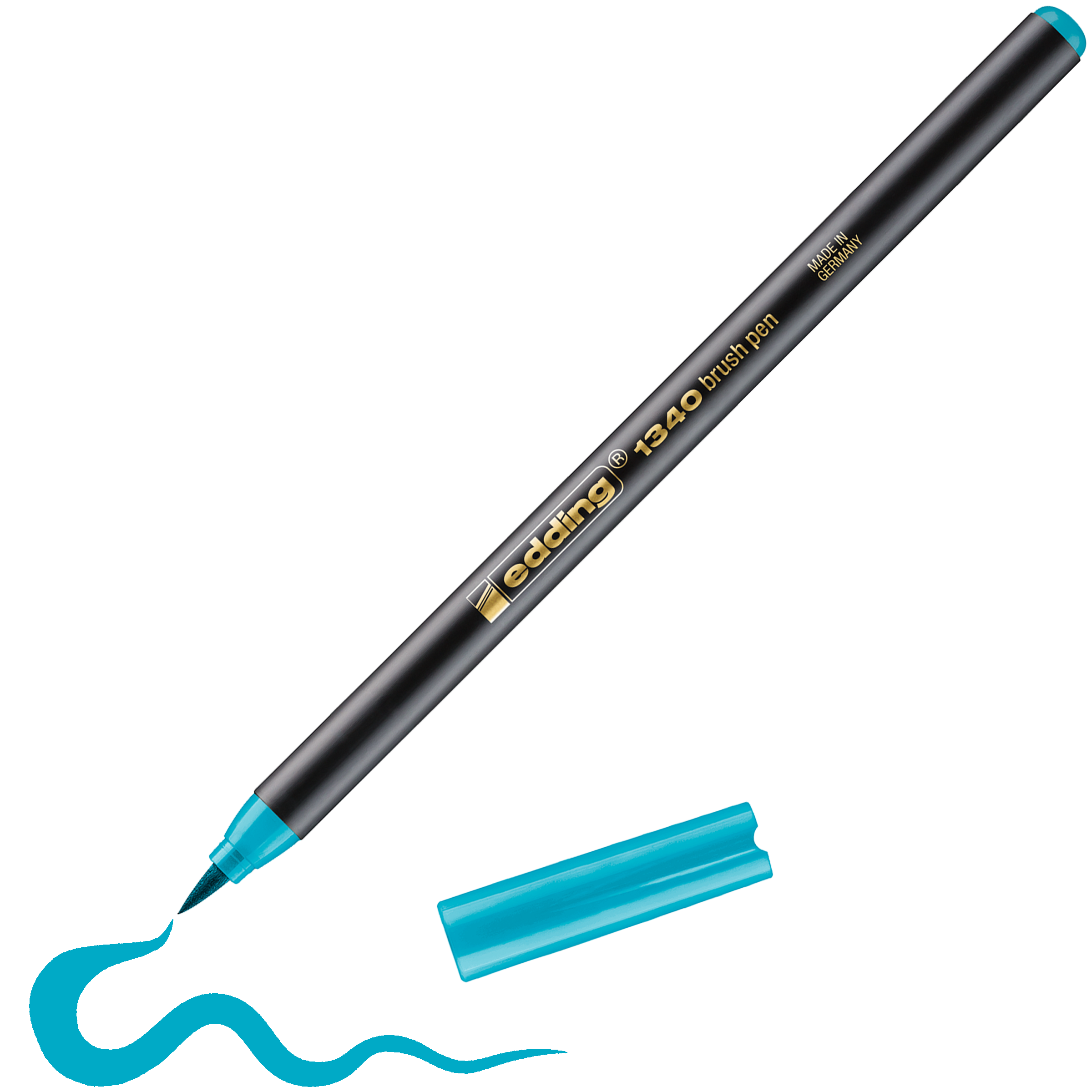 Ein edding 1340 Pinselstift von edding in Schwarz, mit abgenommener türkisfarbener Kappe, zieht eine wellige türkise Linie auf weißem Hintergrund – ideal zum Kombinieren verschiedener Farbtöne.