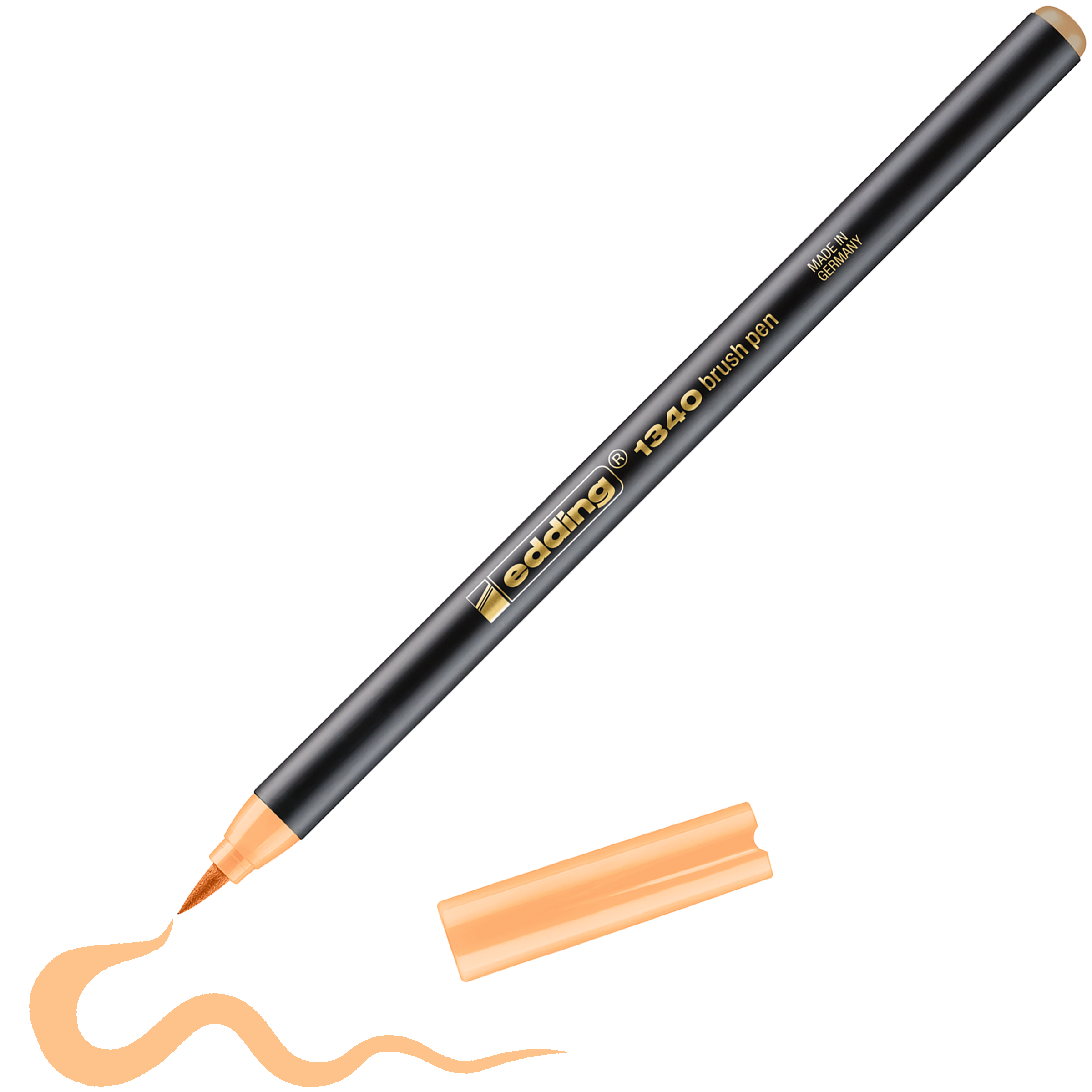 Daneben liegt ein schwarzer edding 1340 Pinselstift mit pfirsichfarbener Kappe. Der Pinselstift, ein Markenprodukt von edding, hat eine wellenförmige Pfirsichlinie gezeichnet – ideal, um verschiedene Farben zu kombinieren.