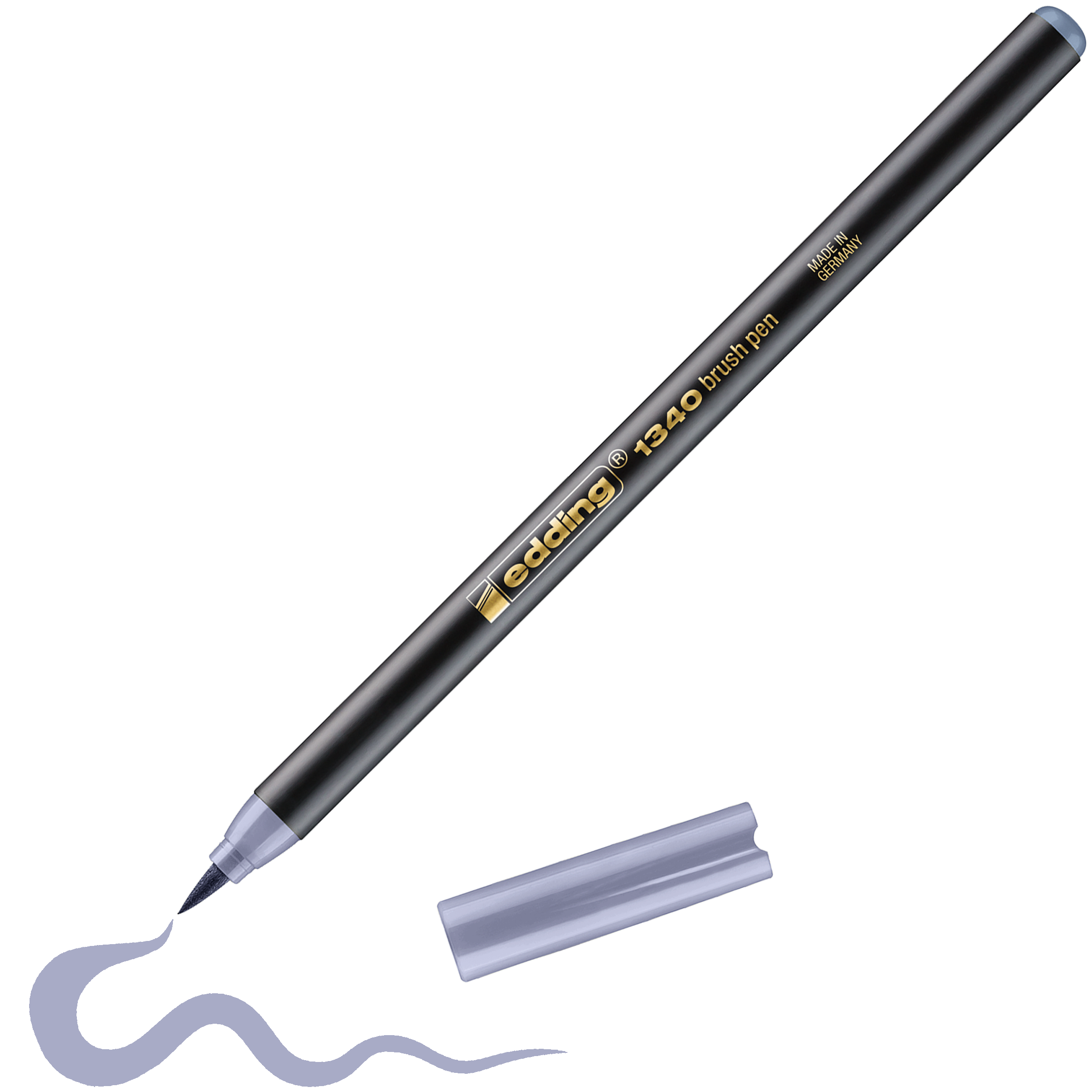 Daneben liegt ein schwarzer, abgenommener edding 1340 Pinselstift, der eine Wellenlinie in Hellviolett zeichnet – ideal zum Kombinieren von Farbtönen mit diesem hochwertigen Markenprodukt von edding.