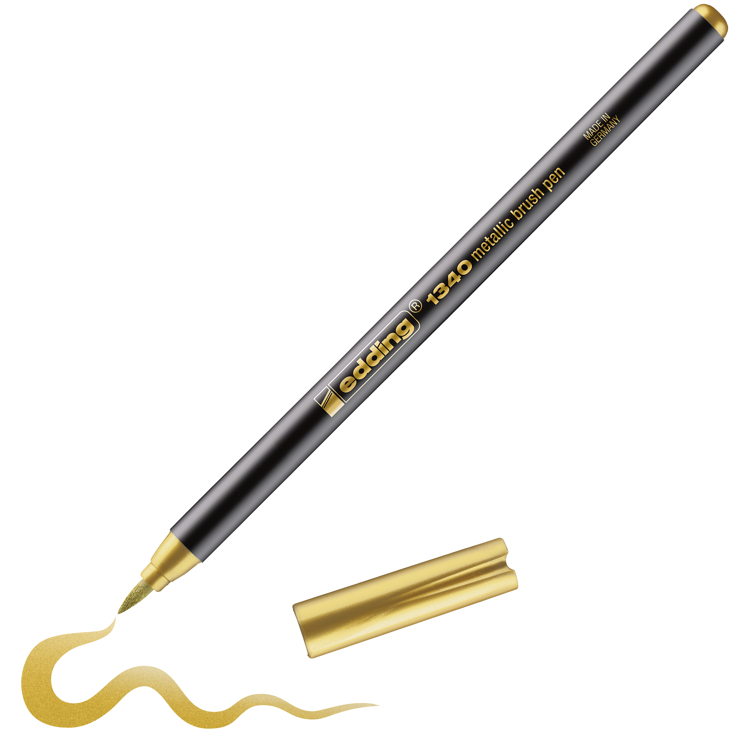 Der schwarze edding 1340 Metallic-Pinselstift von edding mit goldener Kappe zeichnet eine schimmernde Goldlinie. Die wasserbasierte Tinte sorgt für leuchtende Farben und Lichtechtheit. Die Kappe befindet sich neben dem Stift.