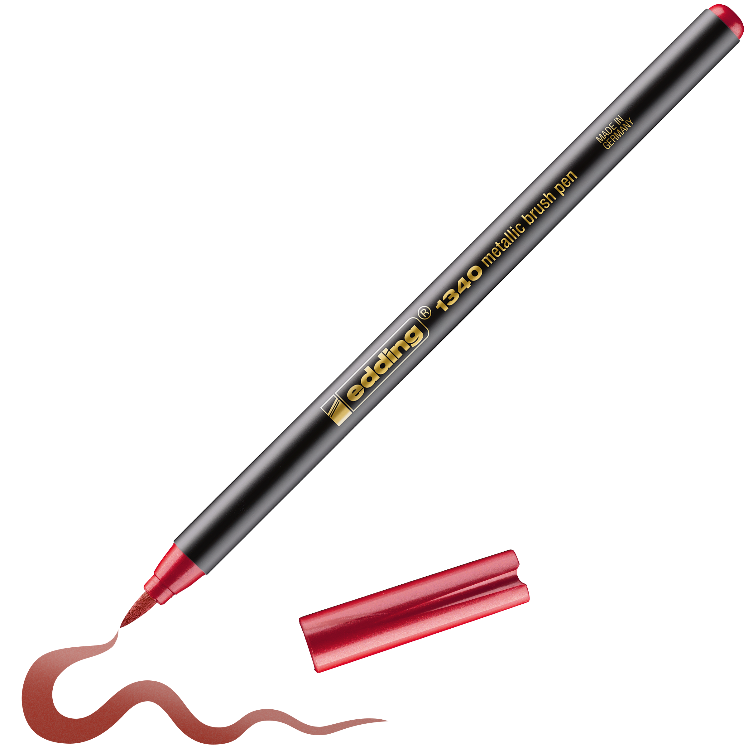 Ein schwarzer edding 1340 Metallic-Pinselstift ohne rote Kappe zeigt eine wellenförmige rote Metallic-Linie, die von der flexiblen Pinselspitze gezogen wird.