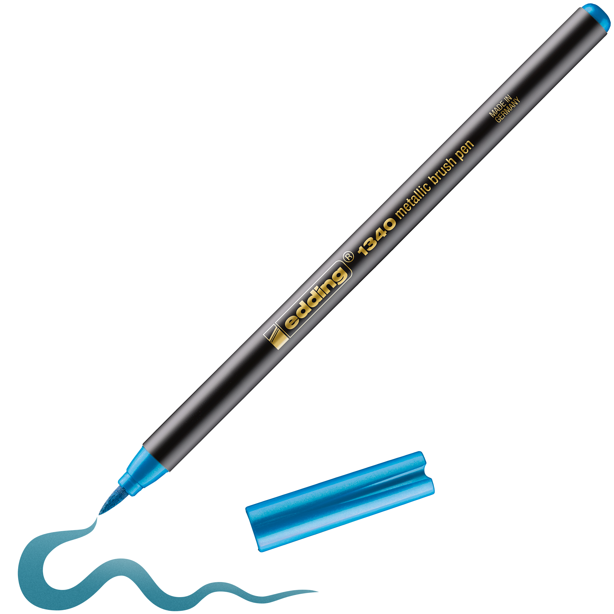 Ein schwarzer edding 1340 Metallic-Pinselstift mit blauer Kappe liegt neben einer gewellten blauen Linie und hebt seine flexible Pinselspitze hervor, die ideal für lebendige, brillante Striche ist.