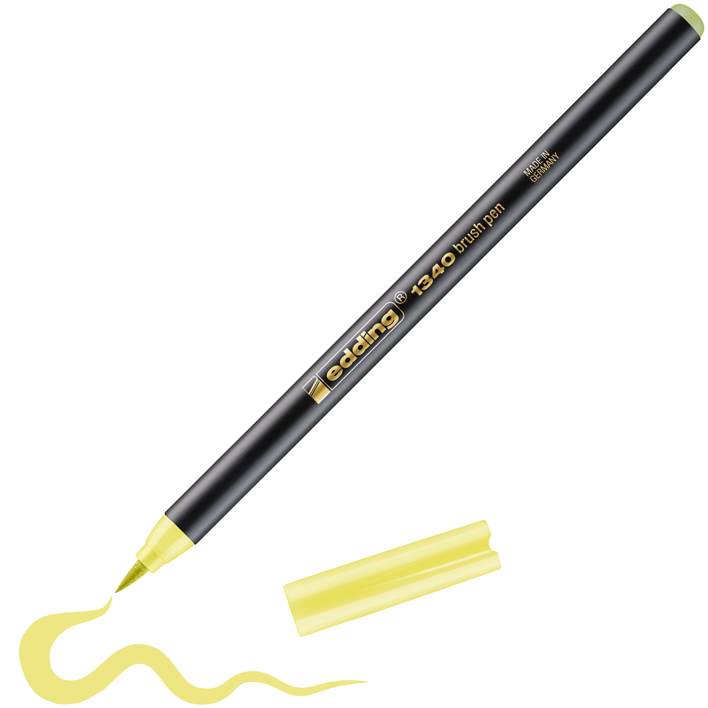 Ein schwarzer edding 1340 Pinselstift mit gelber Kappe liegt neben einer wellenförmigen gelben Linie, die er gezeichnet hat, und zeigt, wie die Kombination und das hochwertige Markenprodukt von edding beeindruckt.