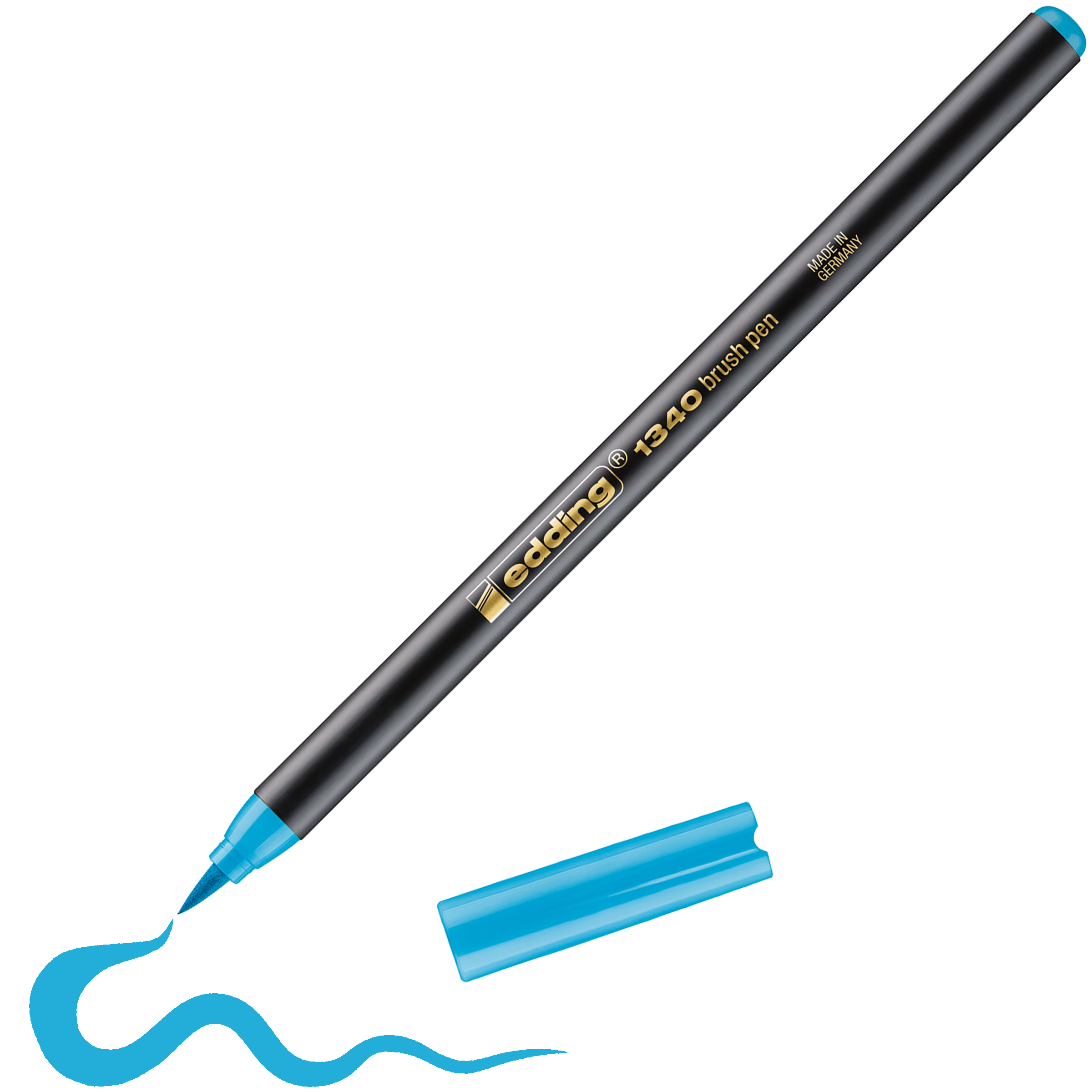 Ein blauer Edding 1340 Pinselstift von edding zeichnet eine wellenförmige blaue Linie. Bei diesem hochwertigen Markenprodukt ist die blaue Kappe abgenommen und daneben platziert und eignet sich ideal zum Kombinieren.