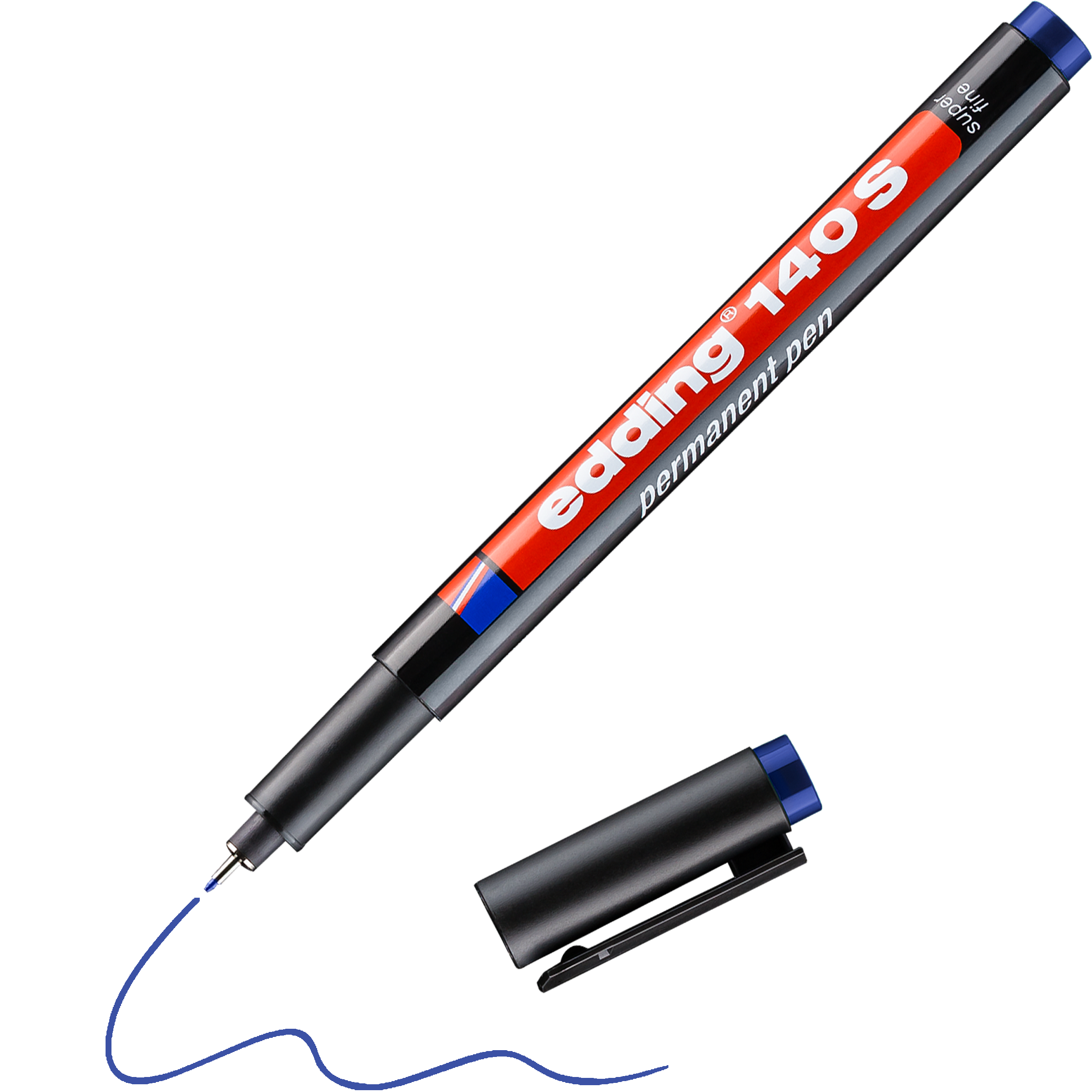 Ein blauer edding 140 S Permanenter Folienschreiber, ohne Kappe und mit roter und weißer Beschriftung, zeichnet eine blaue Wellenlinie, während die Kappe in der Nähe liegt.