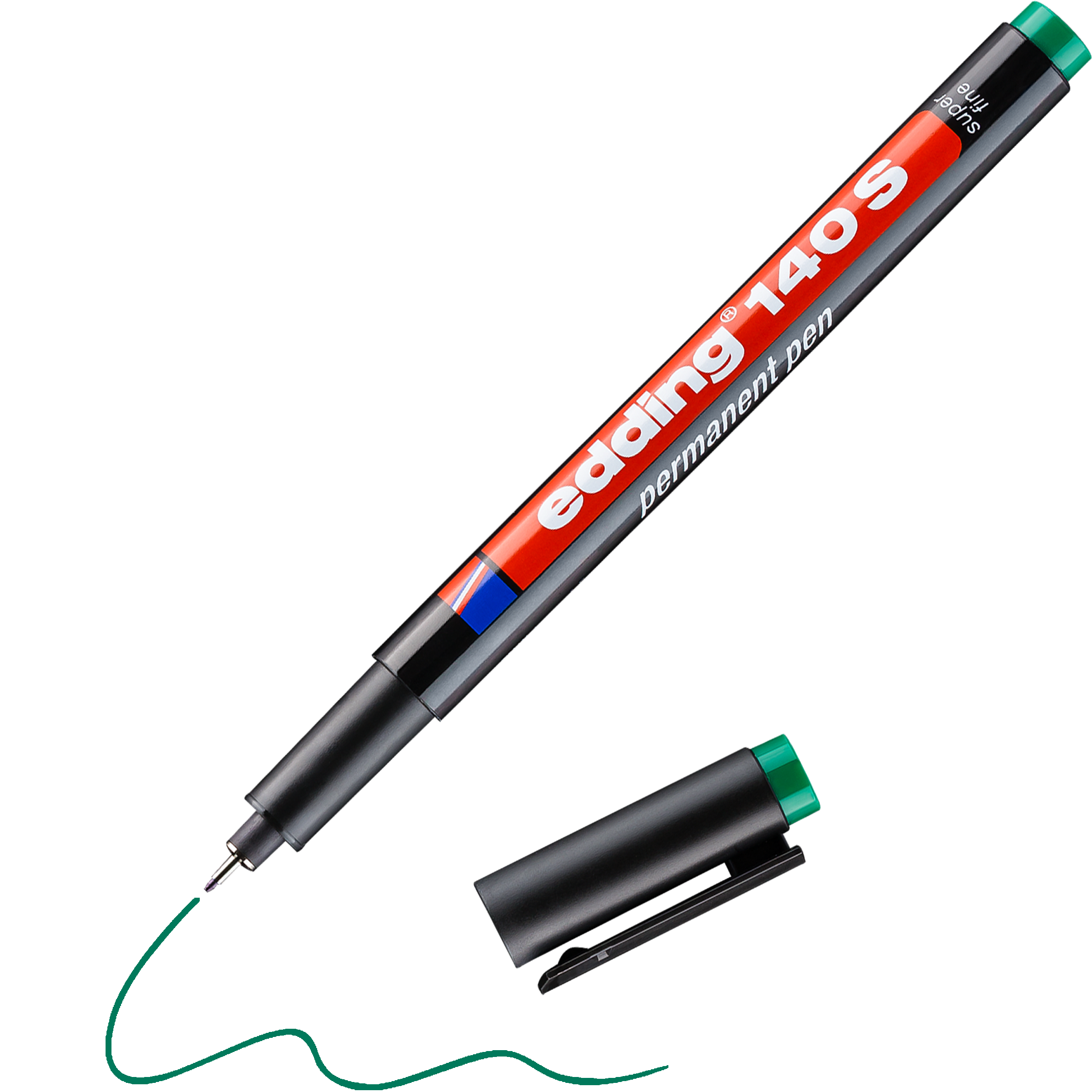 Der edding 140 S Permanenter Folienschreiber von edding ist in Schwarz mit grüner Kappe abgebildet, ohne Kappe und mit einer grünen Wellenlinie. Sein Schaft ist rot-weiß-blau beschriftet – ideal für permanentes Schreiben mit extra feiner Strichbreite.