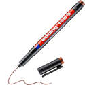 Ein unkappenloser edding 140 S Permanenter Folienschreiber von edding mit brauner Kappe offenbart seine extra feine Strichbreite und erzeugt mit wasserfester Tinte eine präzise braune Linie. Die Kappe liegt neben dem Stift.