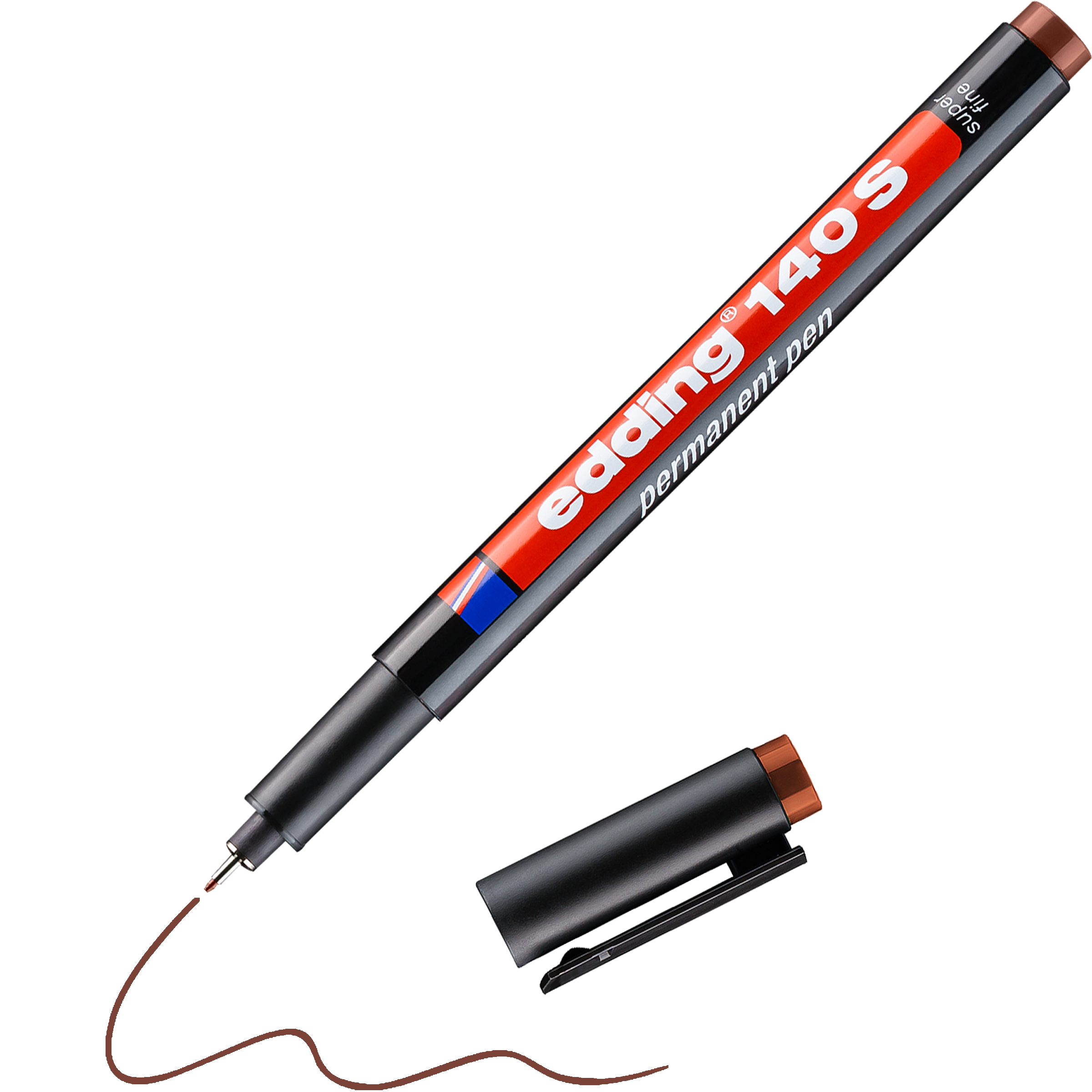Ein unkappenloser edding 140 S Permanenter Folienschreiber von edding mit brauner Kappe offenbart seine extra feine Strichbreite und erzeugt mit wasserfester Tinte eine präzise braune Linie. Die Kappe liegt neben dem Stift.