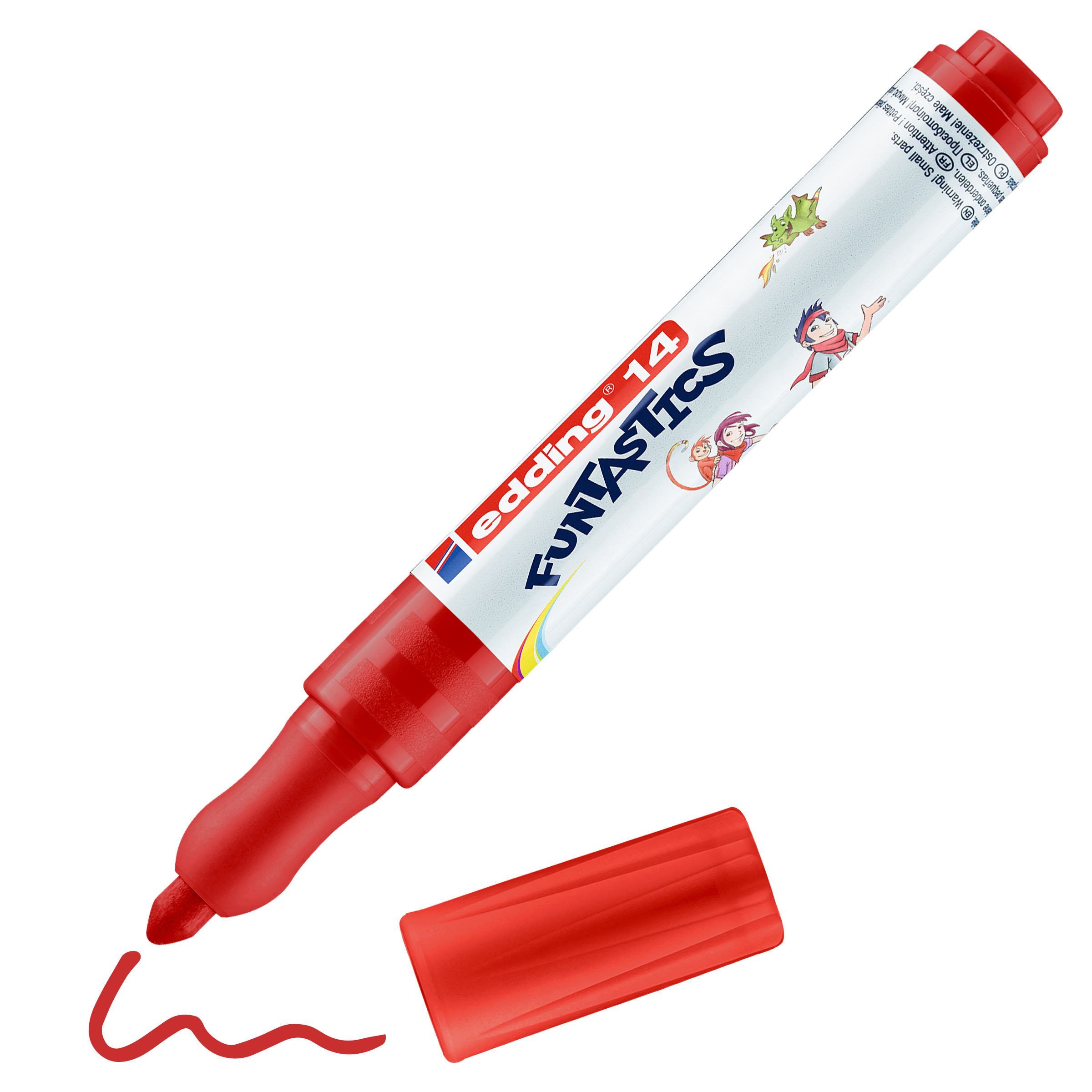 Ein roter edding 14 FUNTASTICS Kinderfasermaler, ohne Kappe und neben ihm eine verschnörkelte rote Linie gezeichnet; verspielte Cartoon-Grafiken und eine rutschfeste Griffzone machen diesen wasserbasierten edding Marker perfekt für kleine Hände.