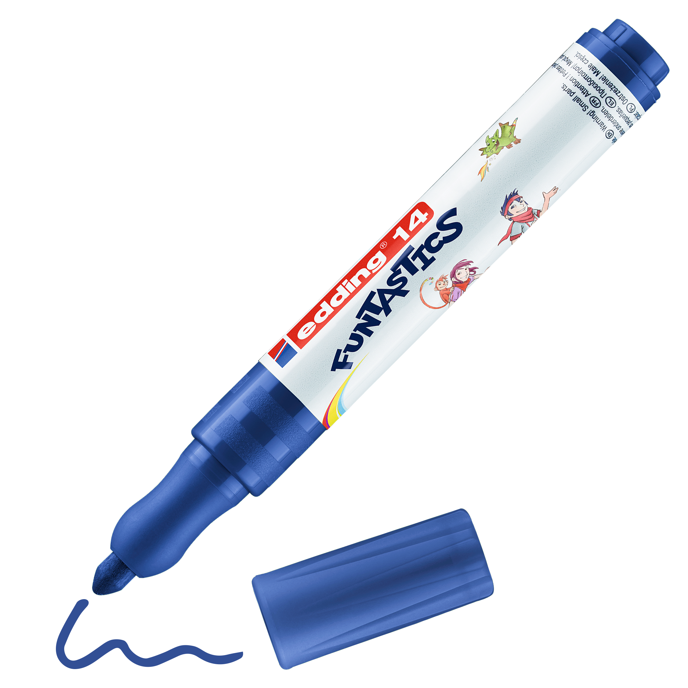 Ein blauer edding 14 FUNTASTICS Kinderfasermaler von edding ohne Kappe liegt daneben. Der Marker zeigt Comicfiguren, bunte Grafiken auf dem Etikett, eine blaue Wellenlinie unter der Spitze und eine rutschfeste Griffzone für einfache Handhabung.