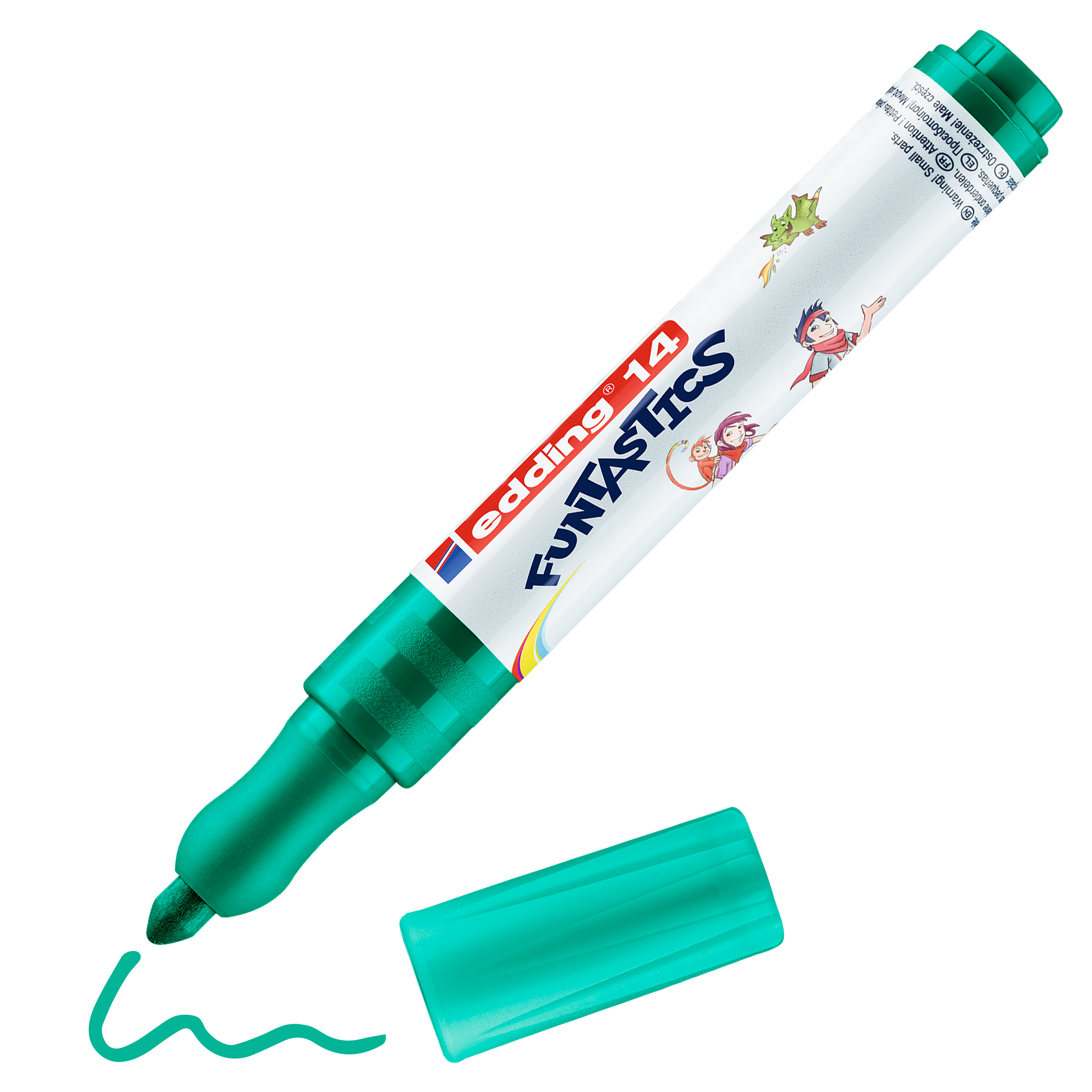 Ein grüner edding 14 FUNTASTICS Kinderfasermaler von edding, ohne Kappe mit Kappe daneben, mit verspielten Comicfiguren auf dem Körper, einer grünen Wellenlinie mit der Spitze und CE-Norm-konform.