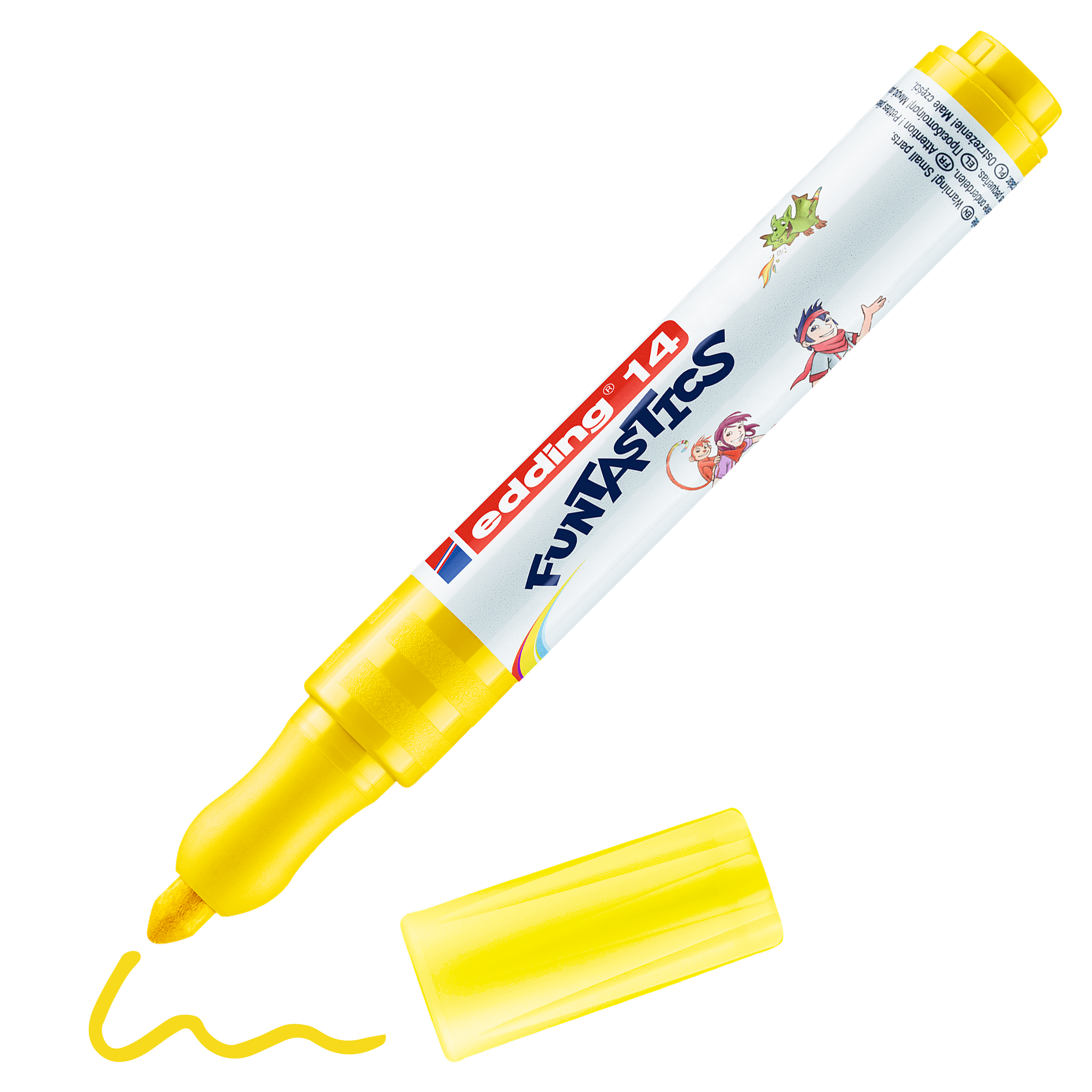Ein gelber edding 14 FUNTASTICS Kinderfasermaler zeichnet mit abgenommener Kappe eine schlangenförmige gelbe Linie. Der Marker von edding zeigt Comicfiguren auf dem Etikett und eine rutschfeste Griffzone für einfache Handhabung.