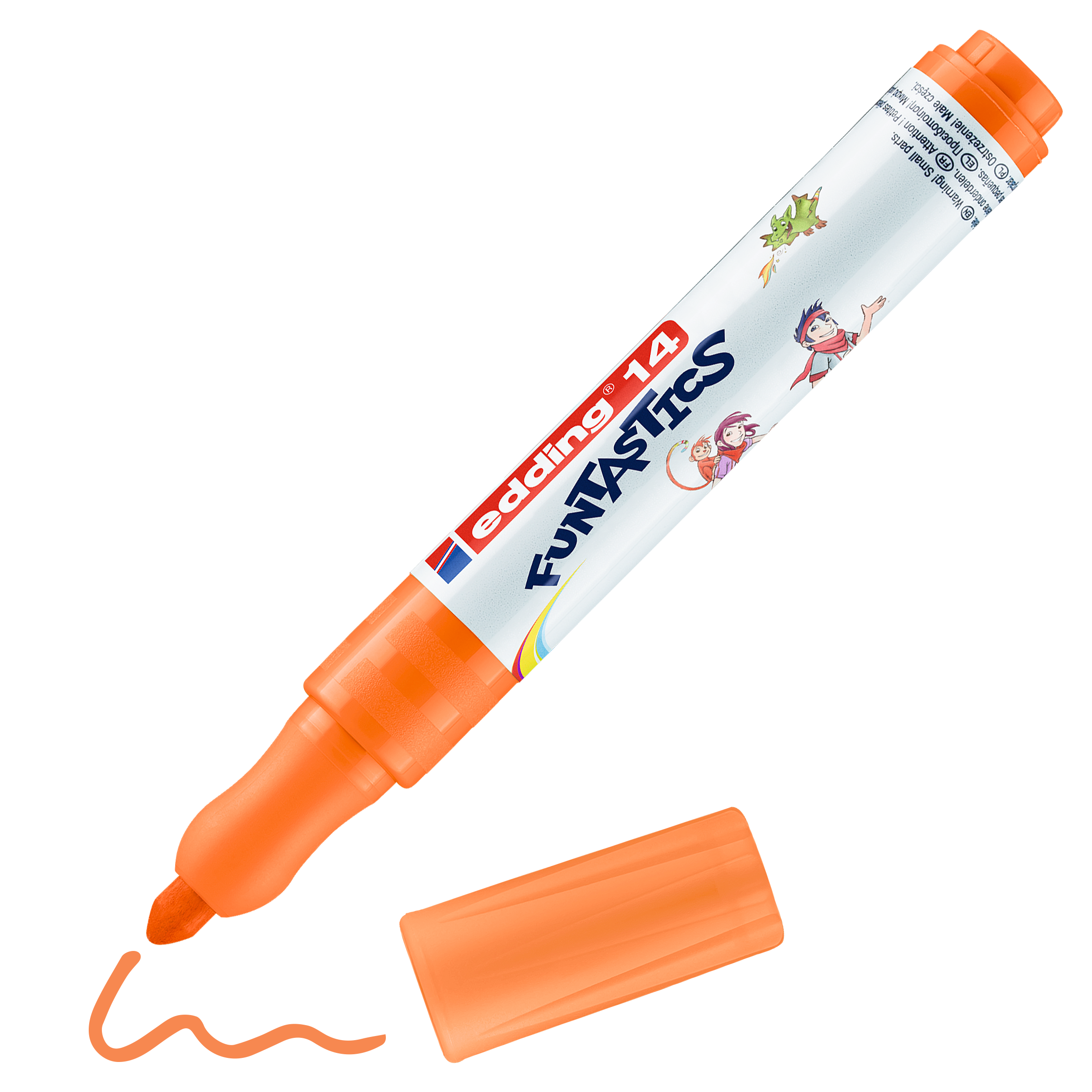 Ein orangefarbener edding 14 FUNTASTICS Kinderfasermaler von edding liegt ohne Kappe da und zeigt eine orangefarbene Wellenlinie, Comicfiguren auf dem Etikett und eine rutschfeste Griffzone für einfachen Halt.